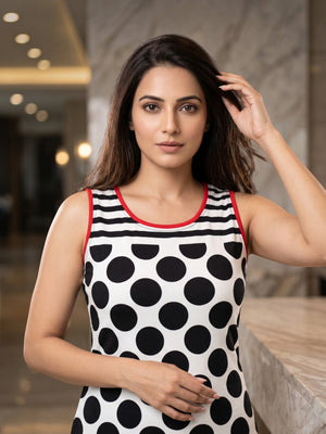 FIRSTLAYER Women's Premium Black & White Polka Dot Short Dress | Lycra | Fitted | Red Contrast Border