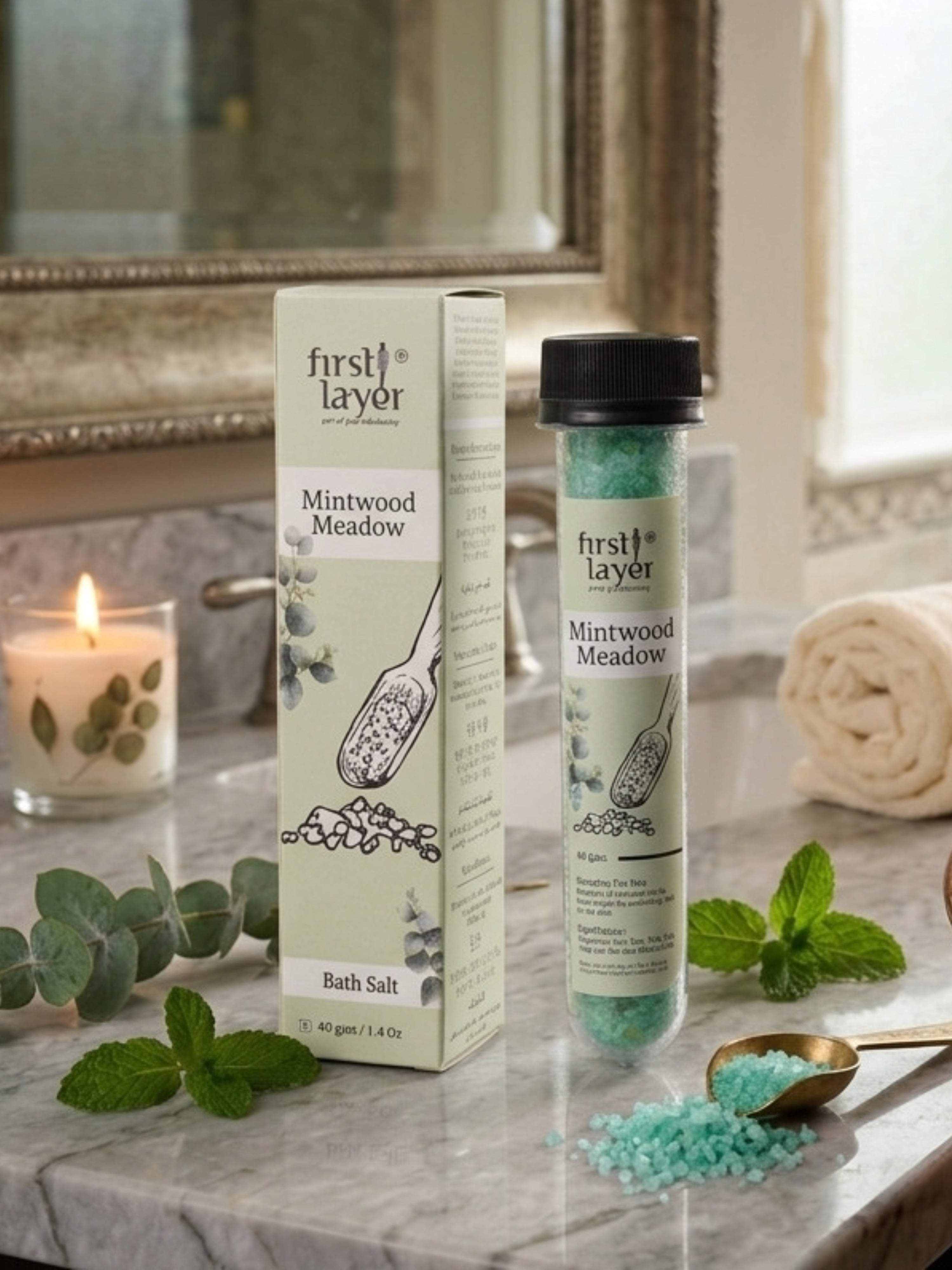 FIRSTLAYER Bathing Essentials Premium Bath Salt | Deep Relaxation, Skin Nourishing, Cleansing & Refreshing Spa Bath Experience | Mintwood Meadow