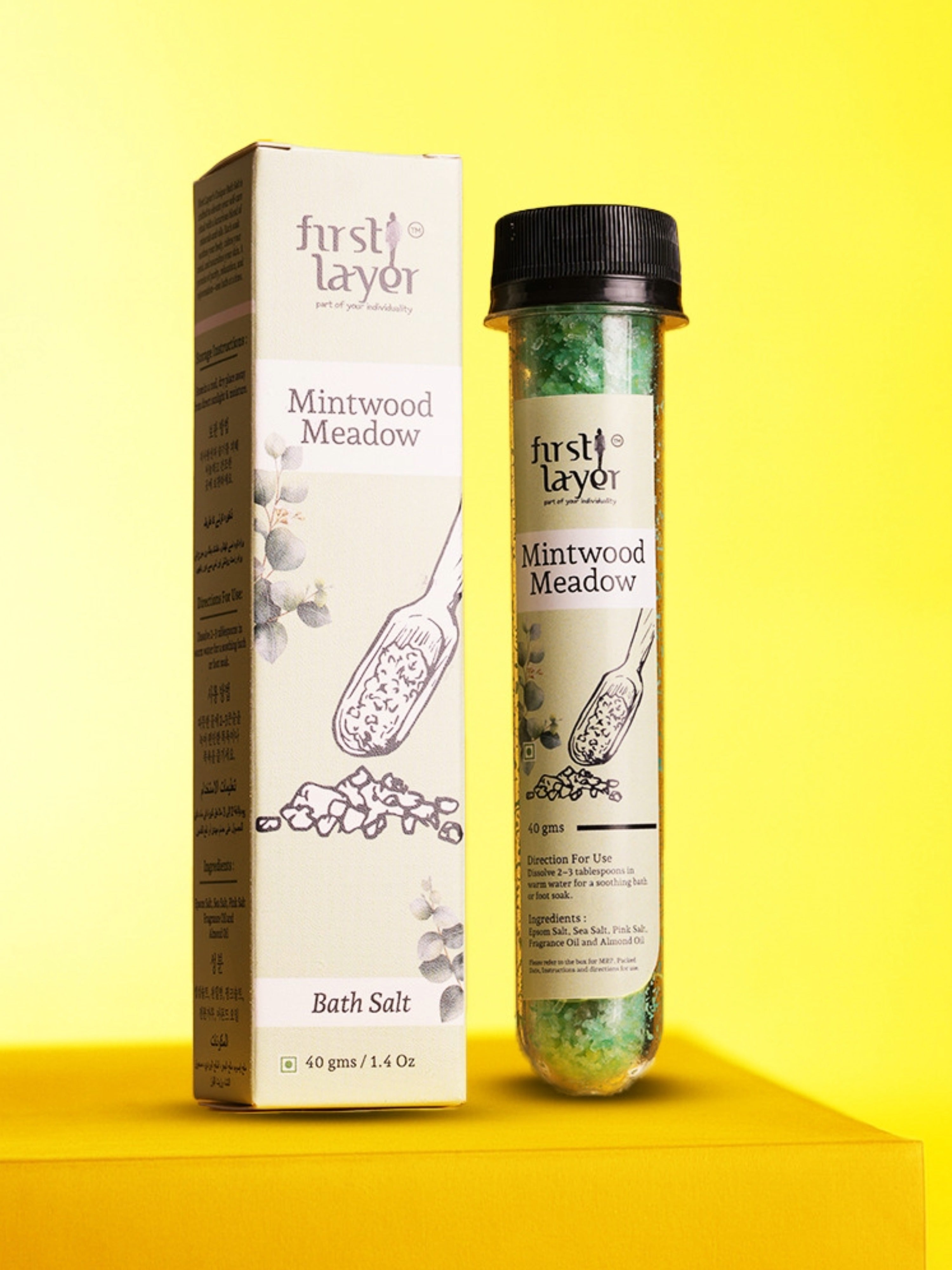FIRSTLAYER Bathing Essentials Premium Bath Salt | Deep Relaxation, Skin Nourishing, Cleansing & Refreshing Spa Bath Experience | Mintwood Meadow