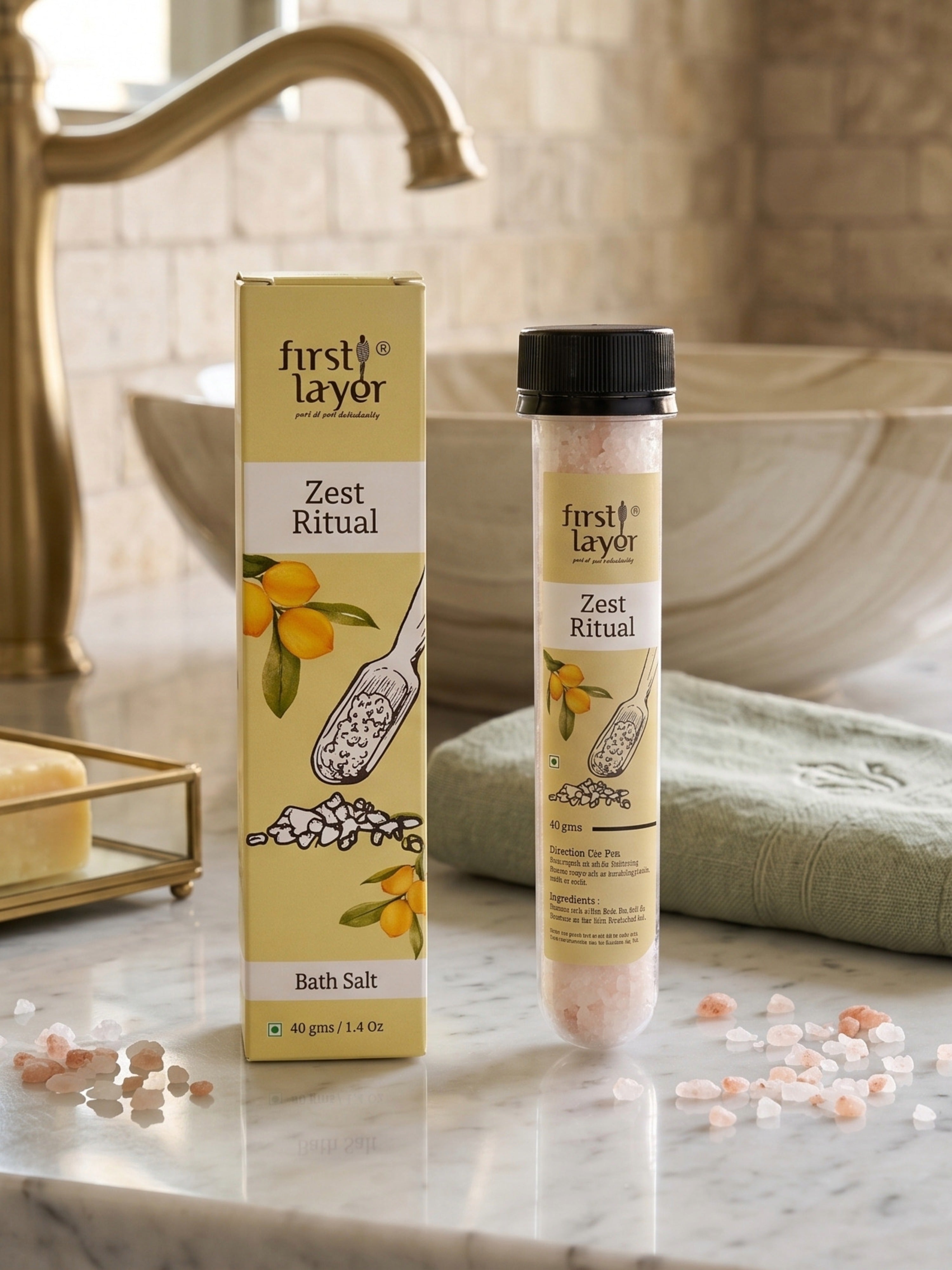 FIRSTLAYER Bathing Essentials Premium Bath Salt | Deep Relaxation, Skin Nourishing, Cleansing & Refreshing Spa Bath Experience | Zest Ritual