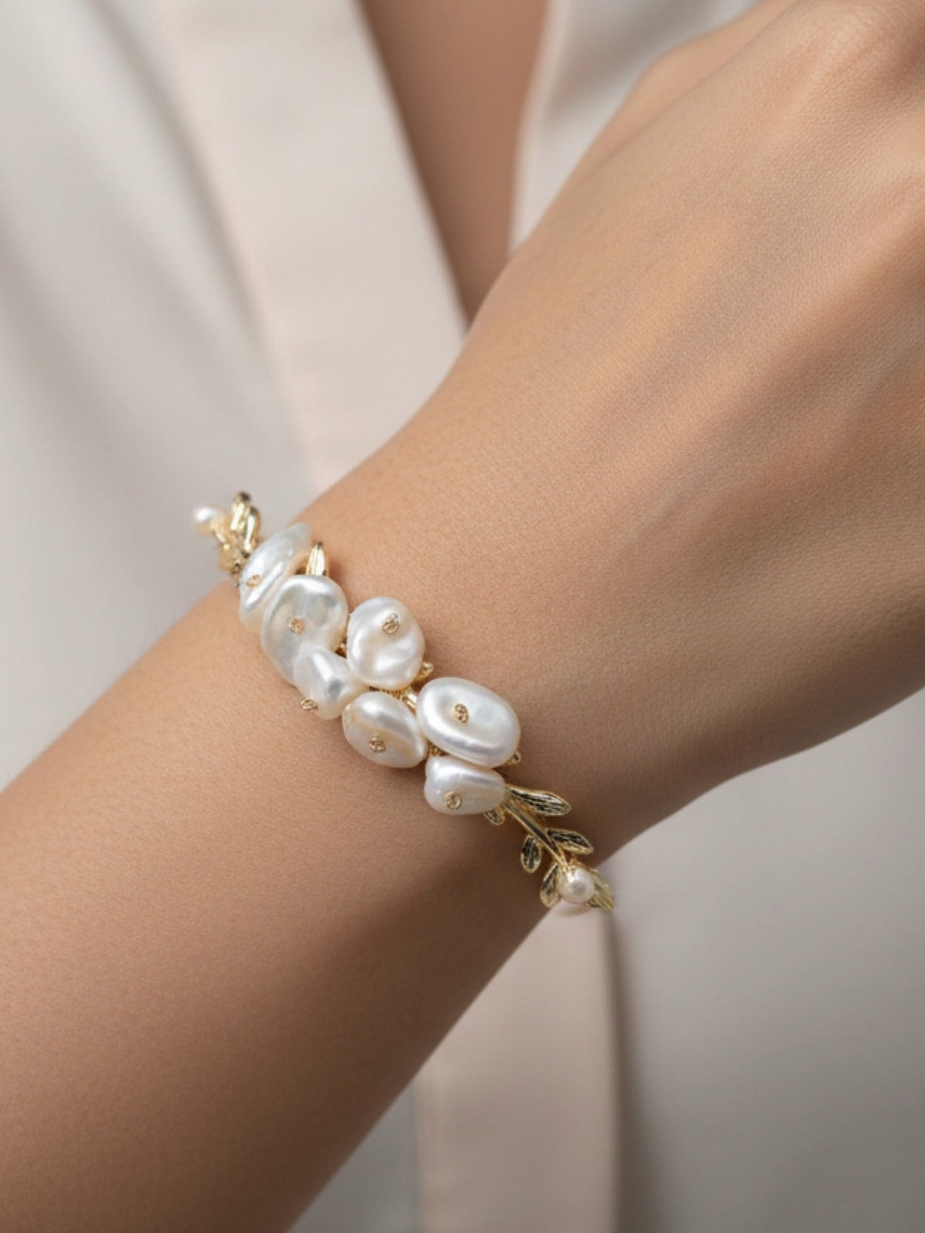 Floral Cuff Pearl Bracelet | Soft Gold Statement Jewelry