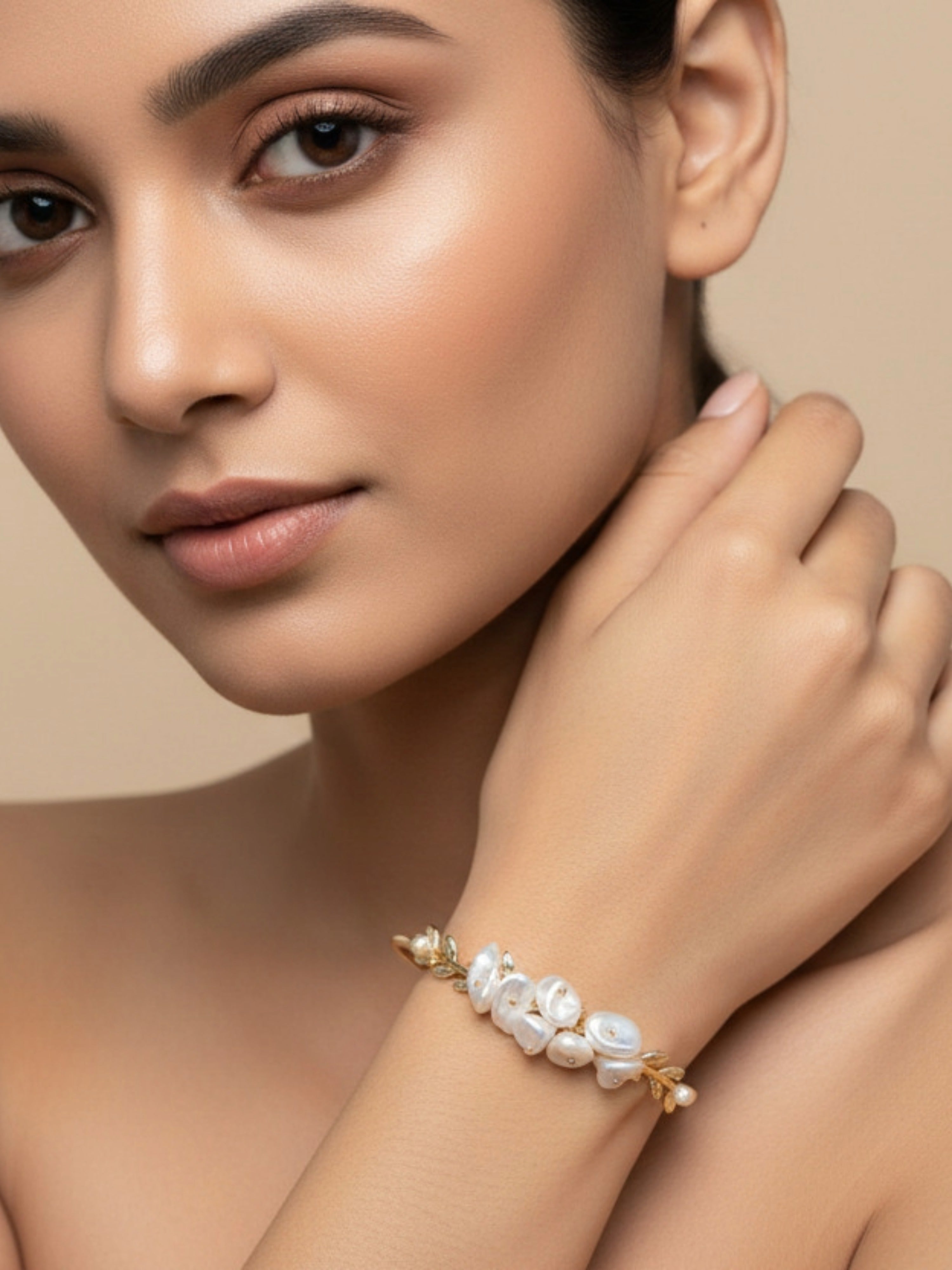 Floral Cuff Pearl Bracelet | Soft Gold Statement Jewelry