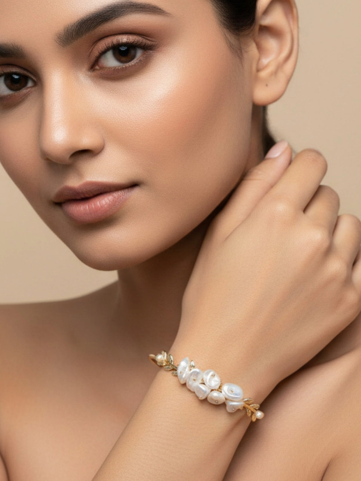 Floral Cuff Pearl Bracelet | Soft Gold Statement Jewelry