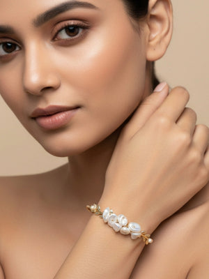 Floral Cuff Pearl Bracelet | Soft Gold Statement Jewelry