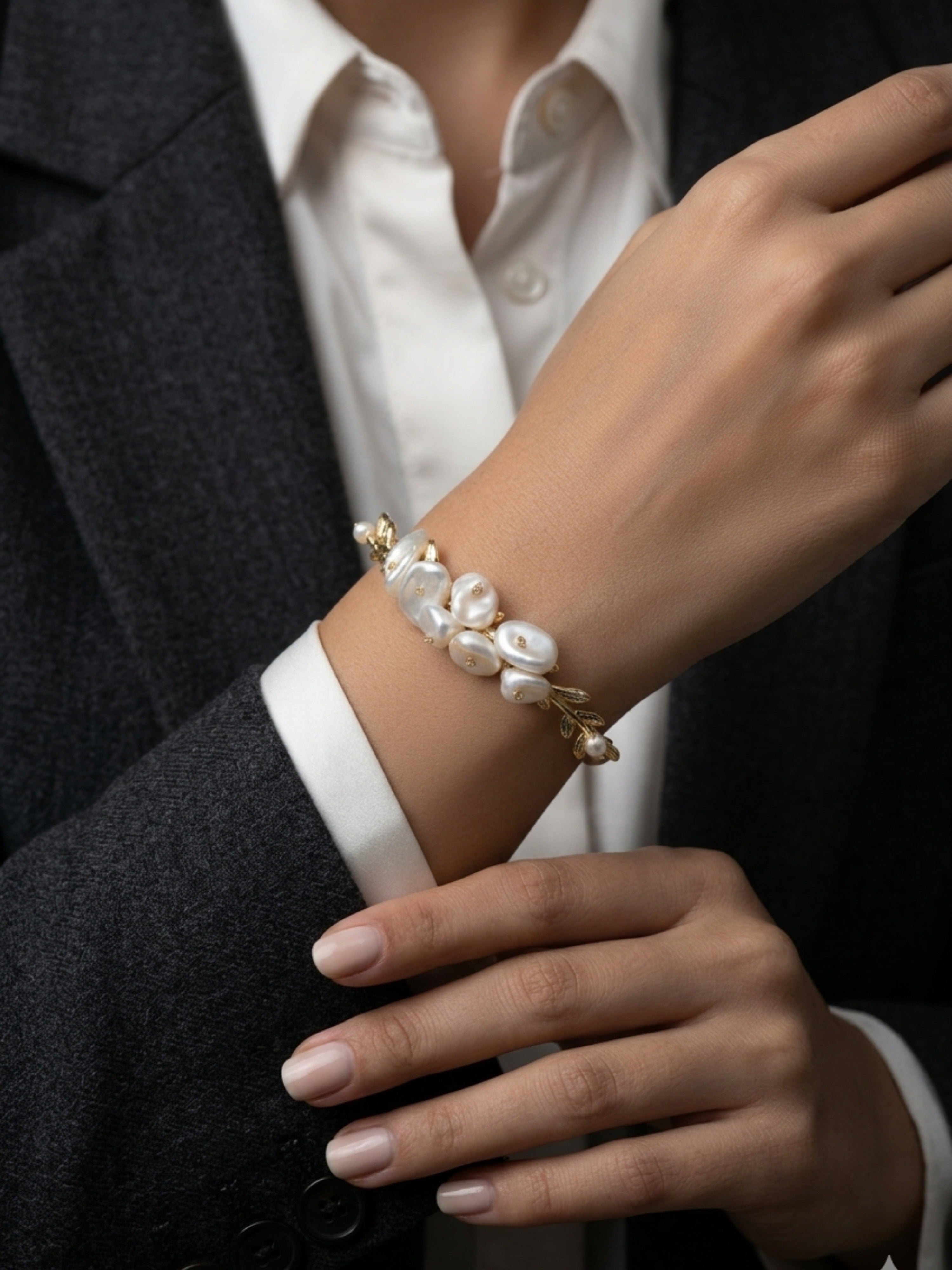 Floral Cuff Pearl Bracelet | Soft Gold Statement Jewelry
