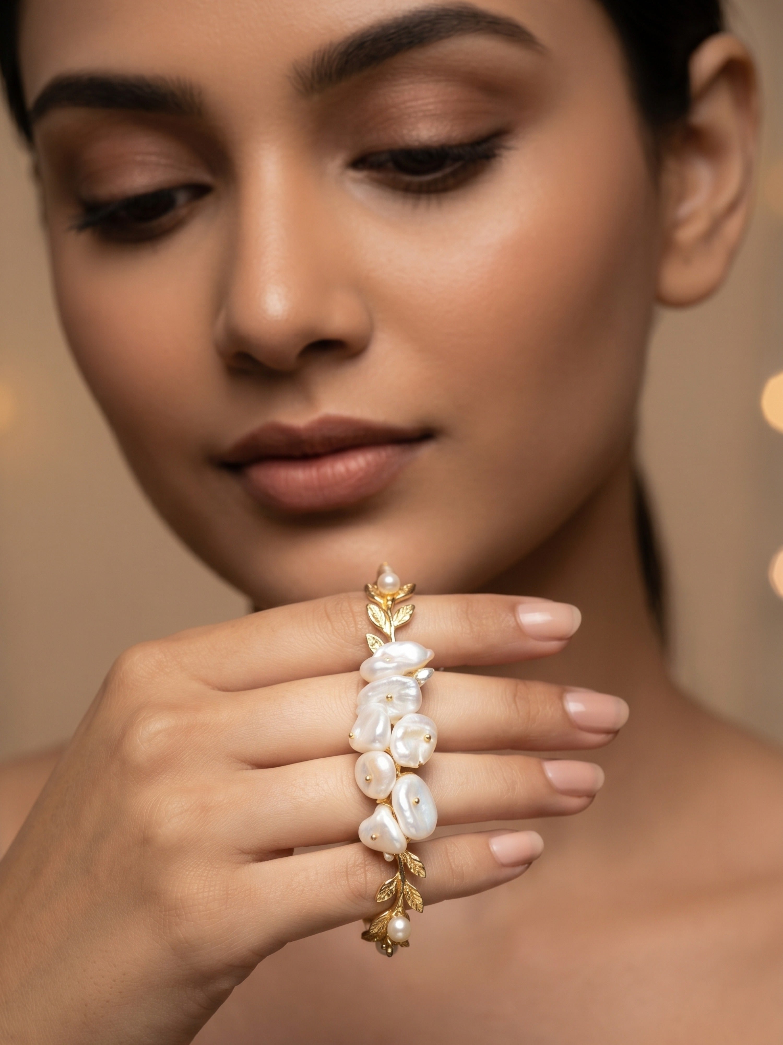 Floral Cuff Pearl Bracelet | Soft Gold Statement Jewelry