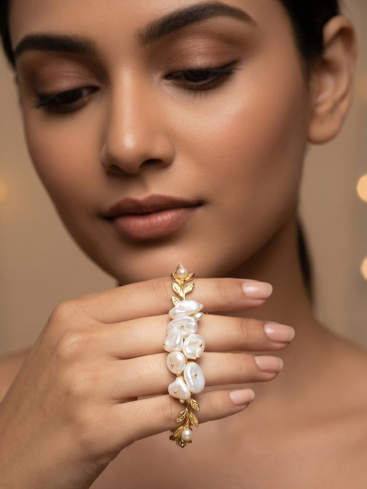 Floral Cuff Pearl Bracelet | Soft Gold Statement Jewelry