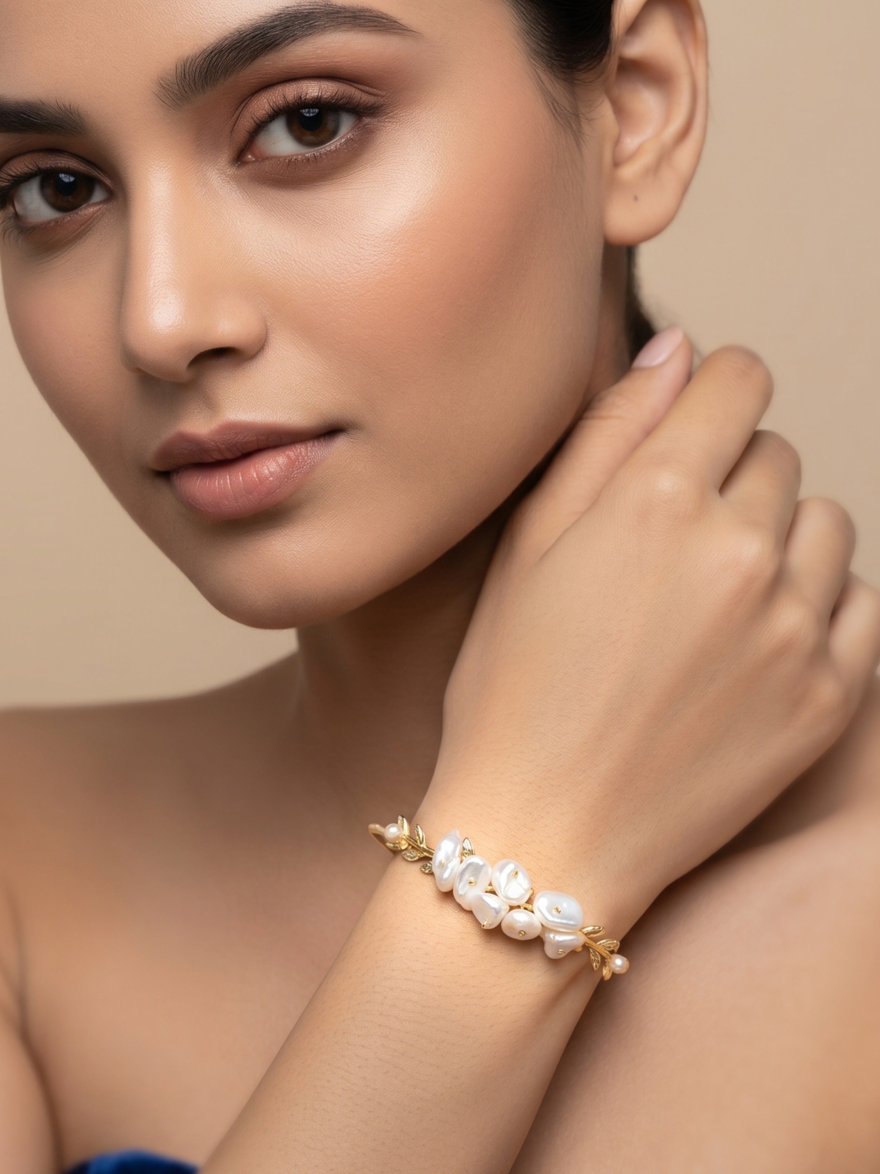 Floral Cuff Pearl Bracelet | Soft Gold Statement Jewelry