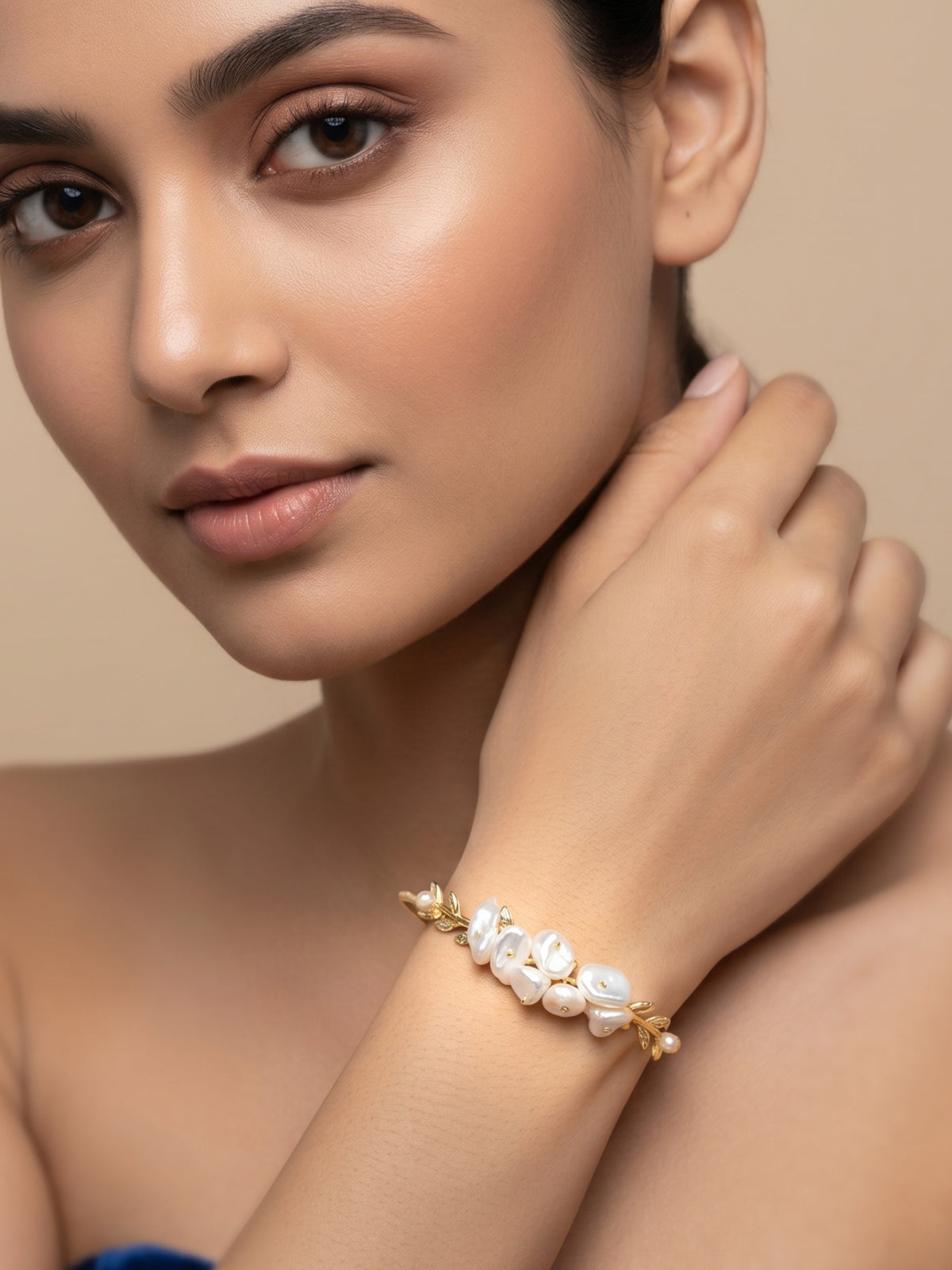 Floral Cuff Pearl Bracelet | Soft Gold Statement Jewelry