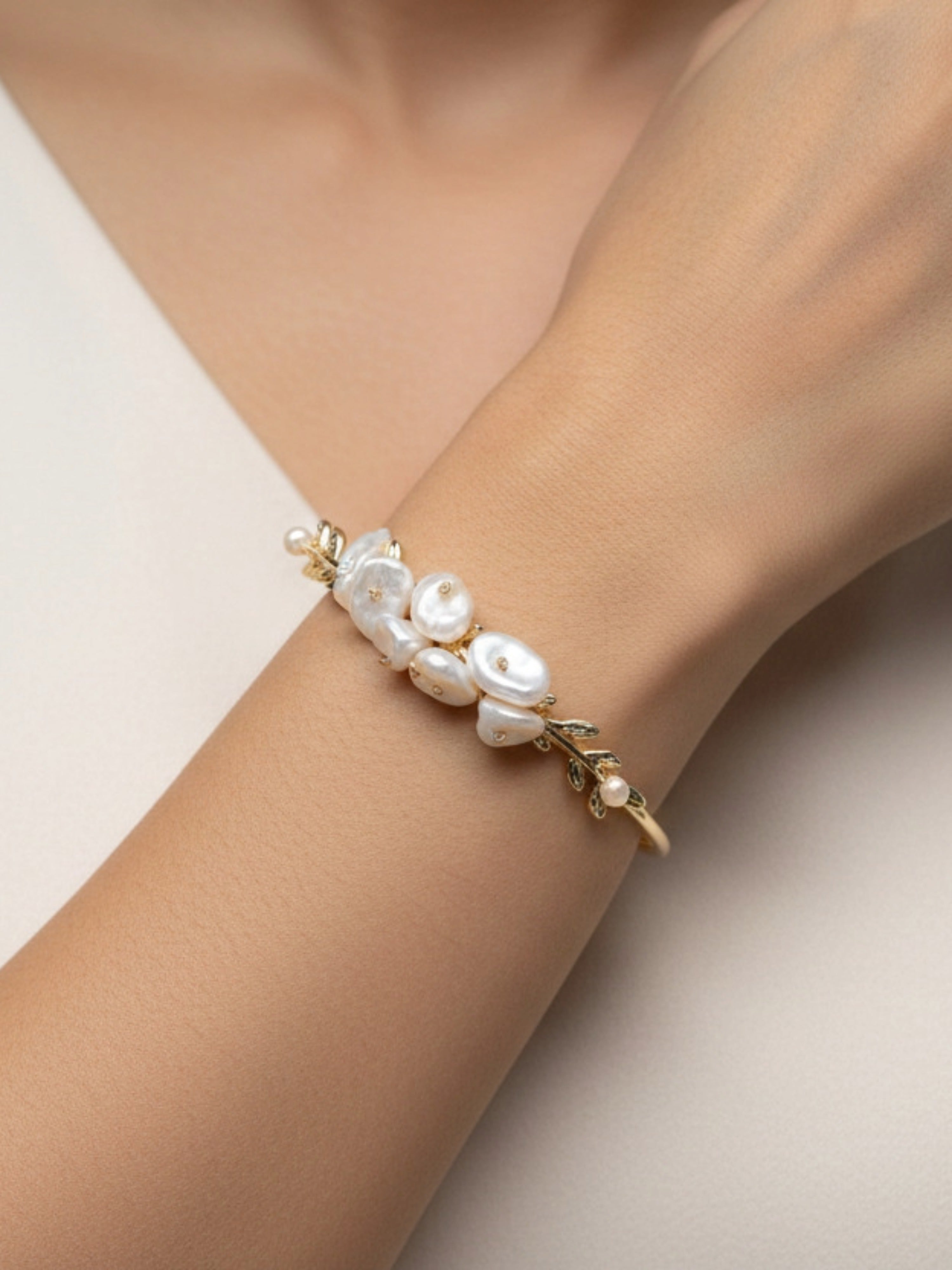 Floral Cuff Pearl Bracelet | Soft Gold Statement Jewelry