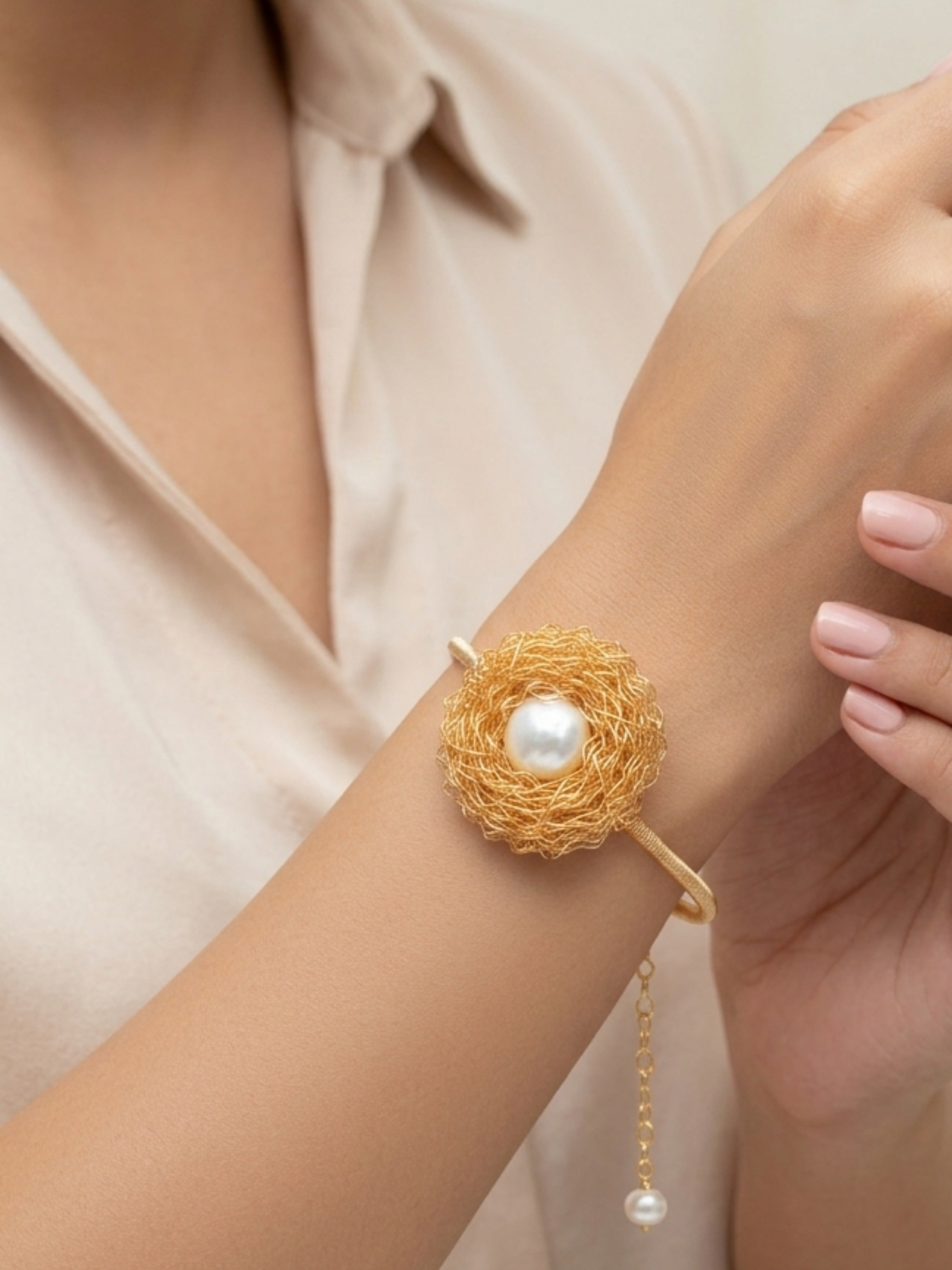 Baroque Pearl Nest Bracelet | Gold Tone Statement Jewelry