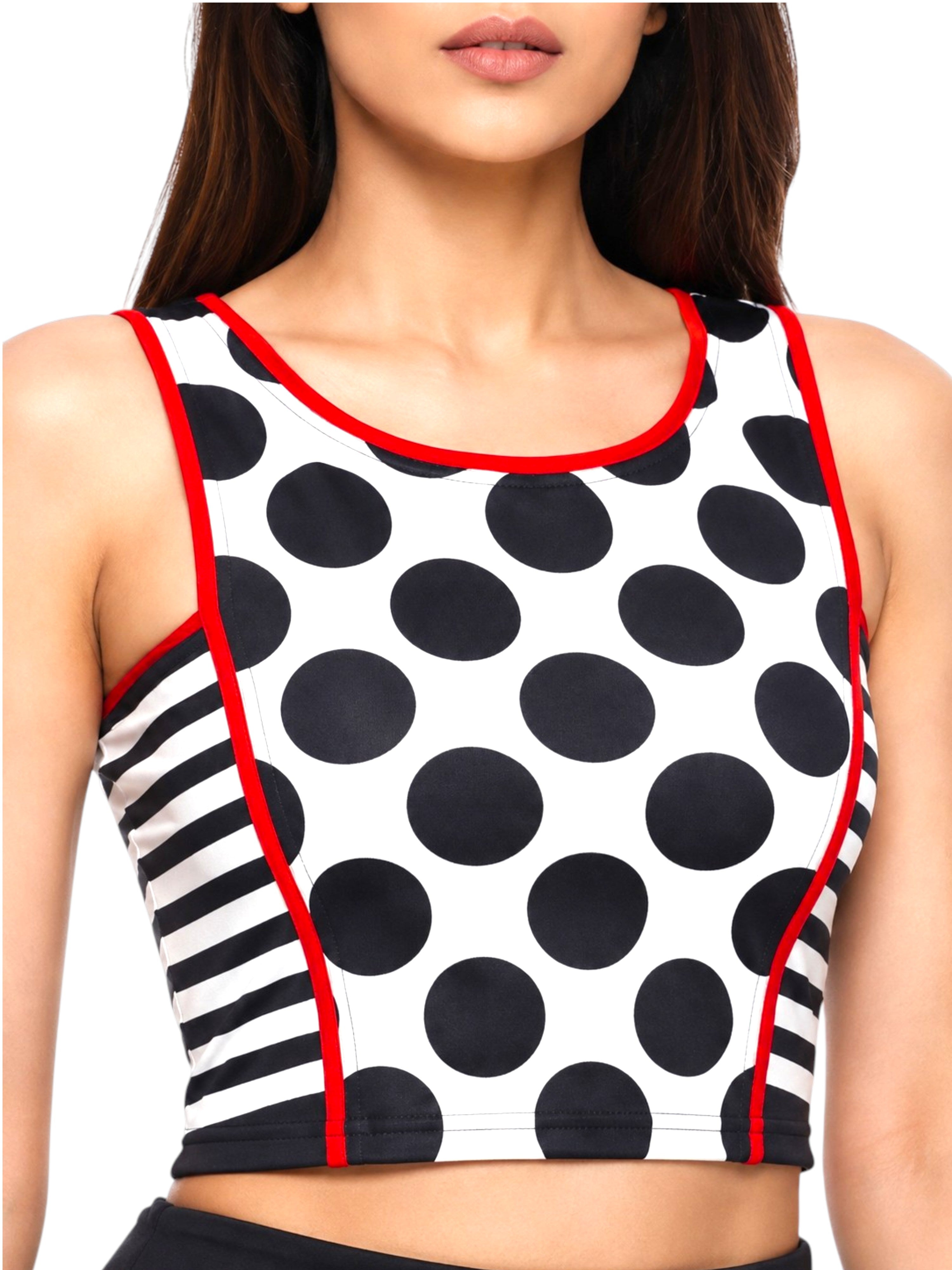 FIRSTLAYER Women's Polka Dot Lycra Crop Top | Striped Side Panels | Red Piping | Stretch Fit