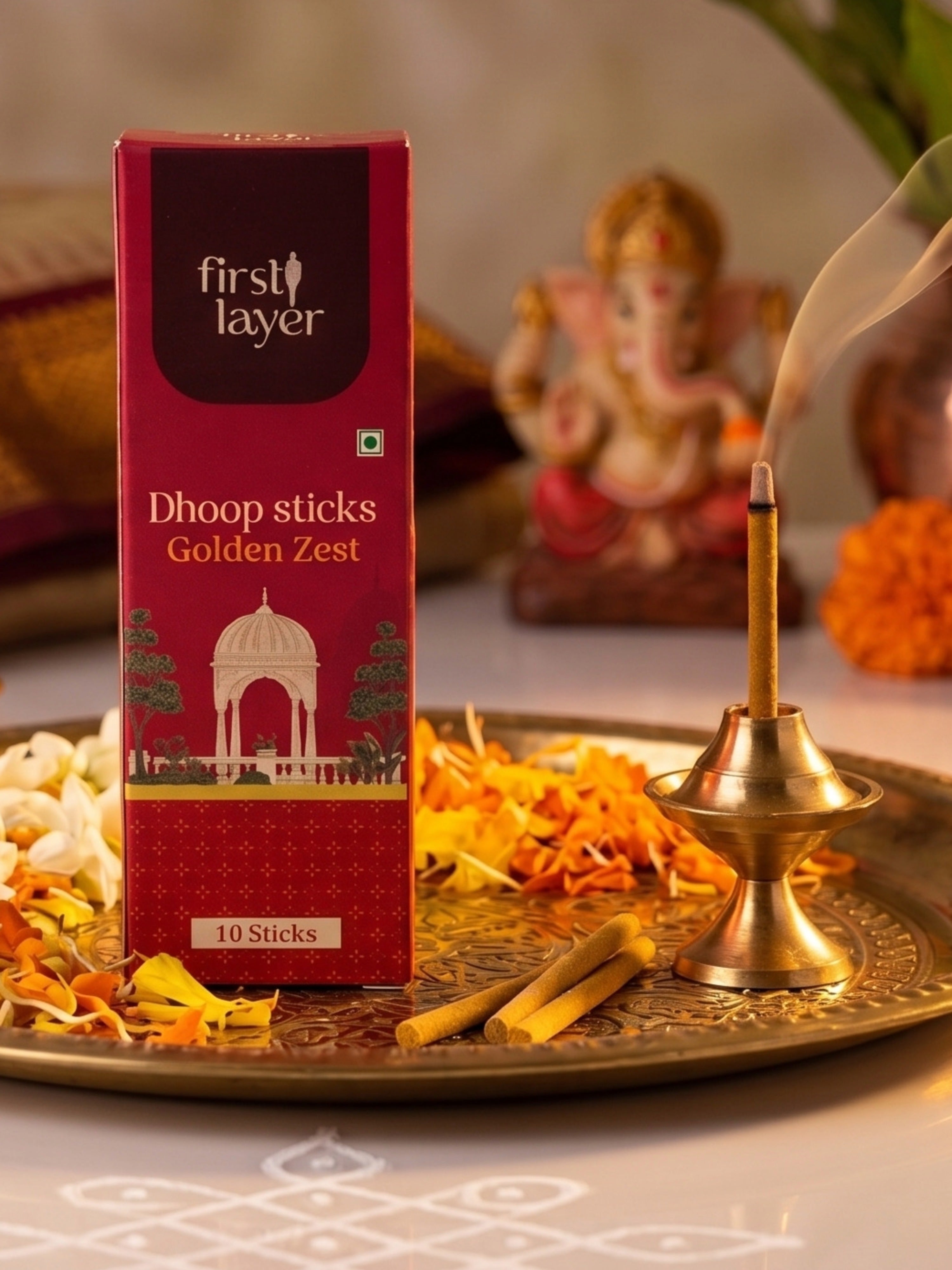 FIRSTLAYER Natural Dhoop Sticks | Herbal Incense for Puja, Meditation & Positive Energy | Long Lasting Fragrance |Golden Zest
