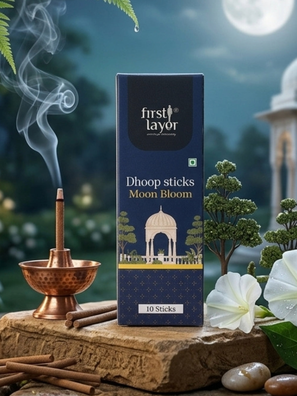 FIRSTLAYER Natural Dhoop Sticks | Herbal Incense for Puja, Meditation & Positive Energy | Long Lasting Fragrance |Moon Bloom