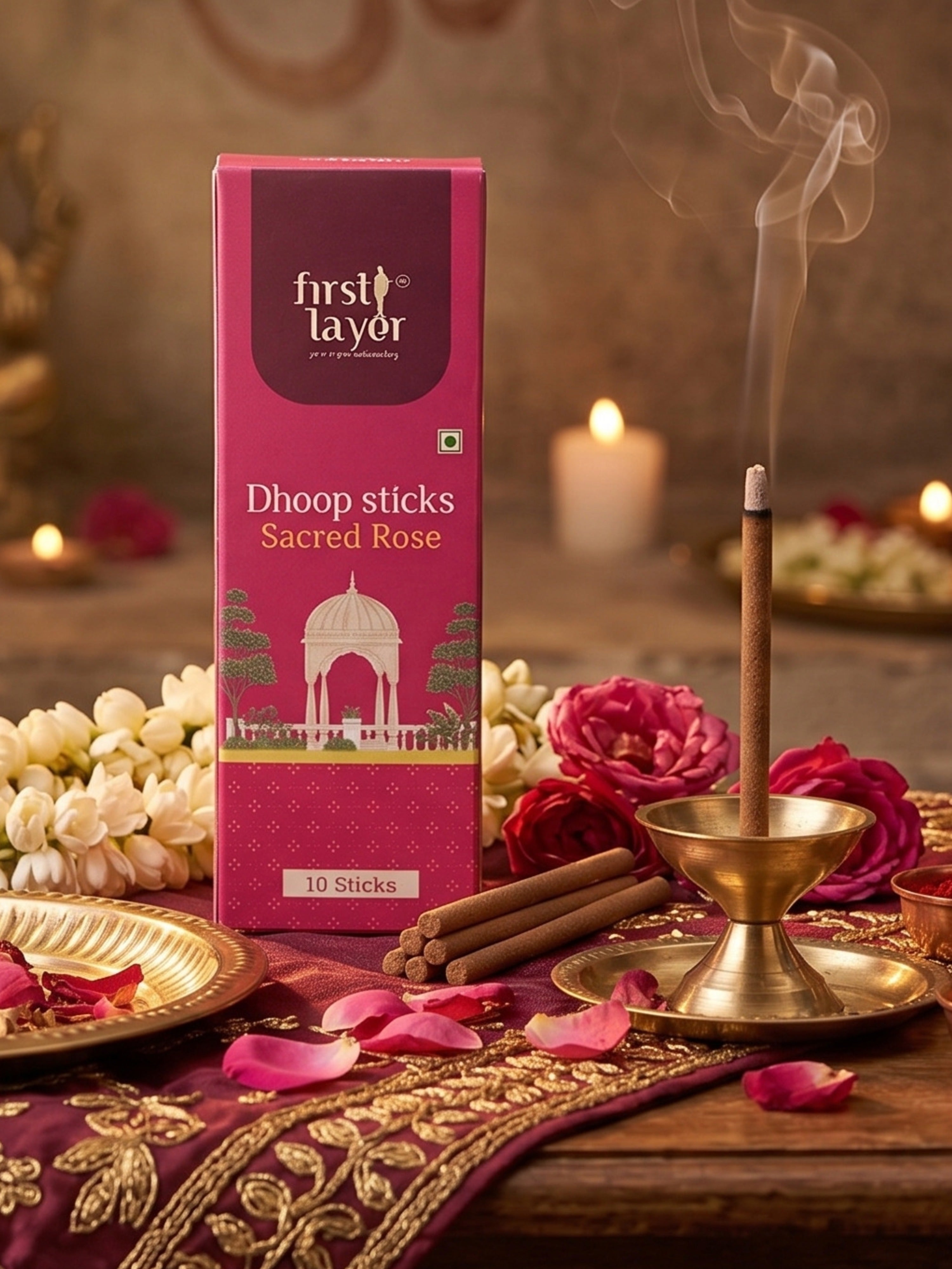 FIRSTLAYER Natural Dhoop Sticks | Herbal Incense for Puja, Meditation & Positive Energy | Long Lasting Fragrance |Sacred Rose