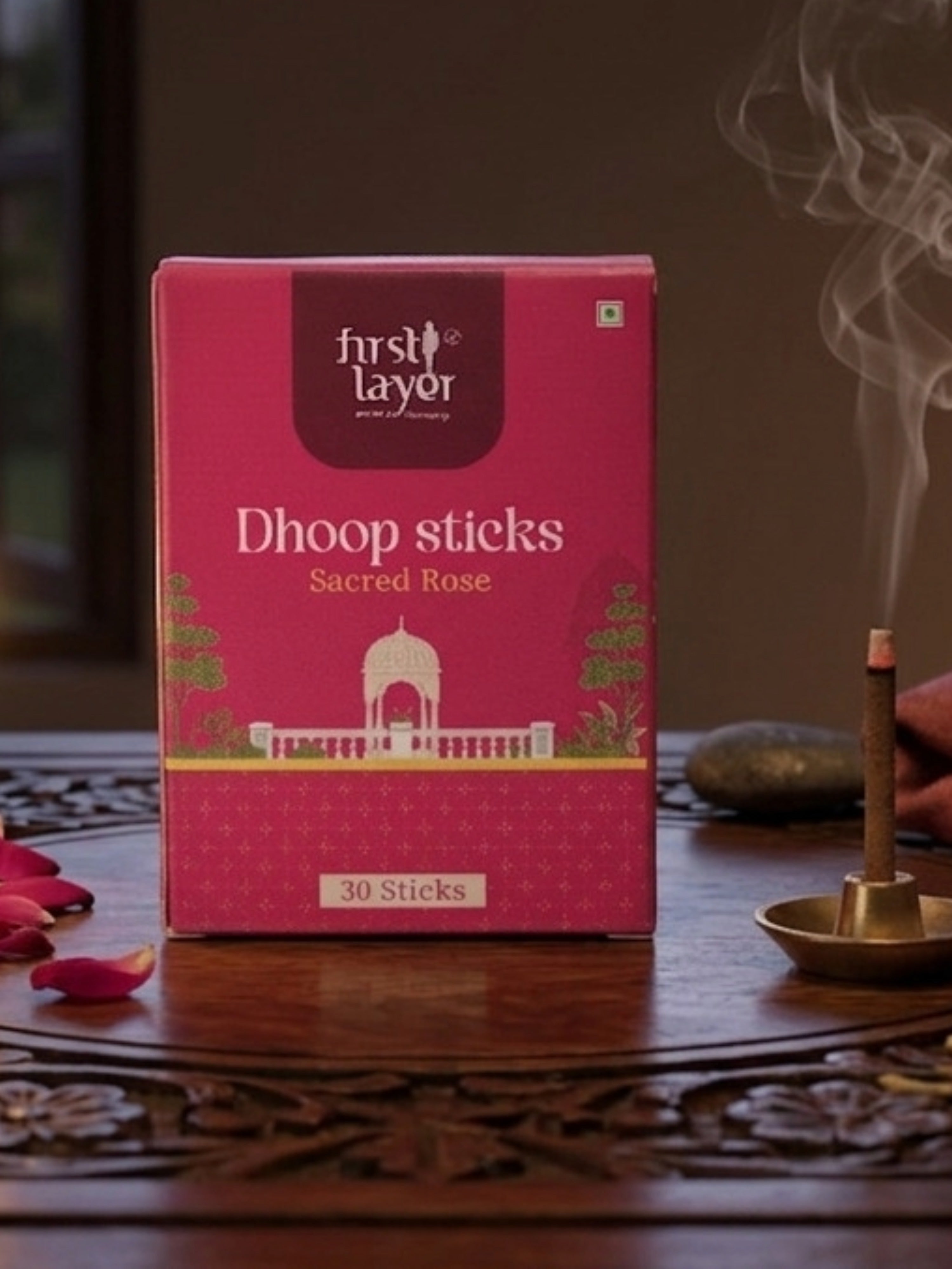 FIRSTLAYER Sacred Rose Natural Dhoop Sticks | Herbal Incense for Puja, Meditation & Positive Energy | Long Lasting Fragrance |Sacred Rose