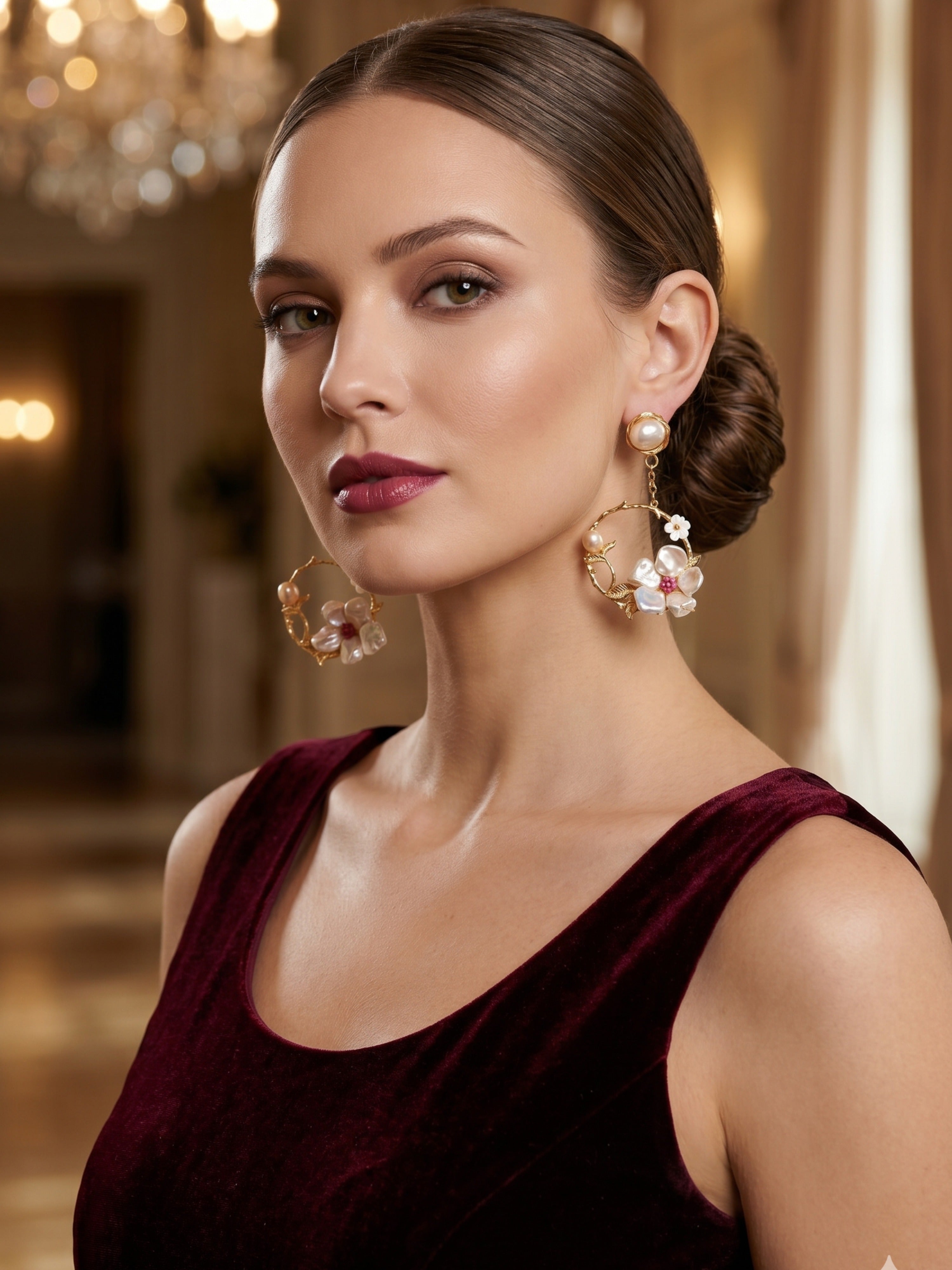 Floral Statement Earrings | Gold Tone | Pearl & Stone Design