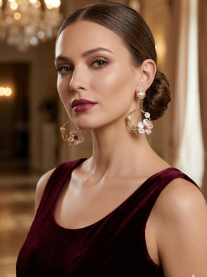 Floral Statement Earrings | Gold Tone | Pearl & Stone Design