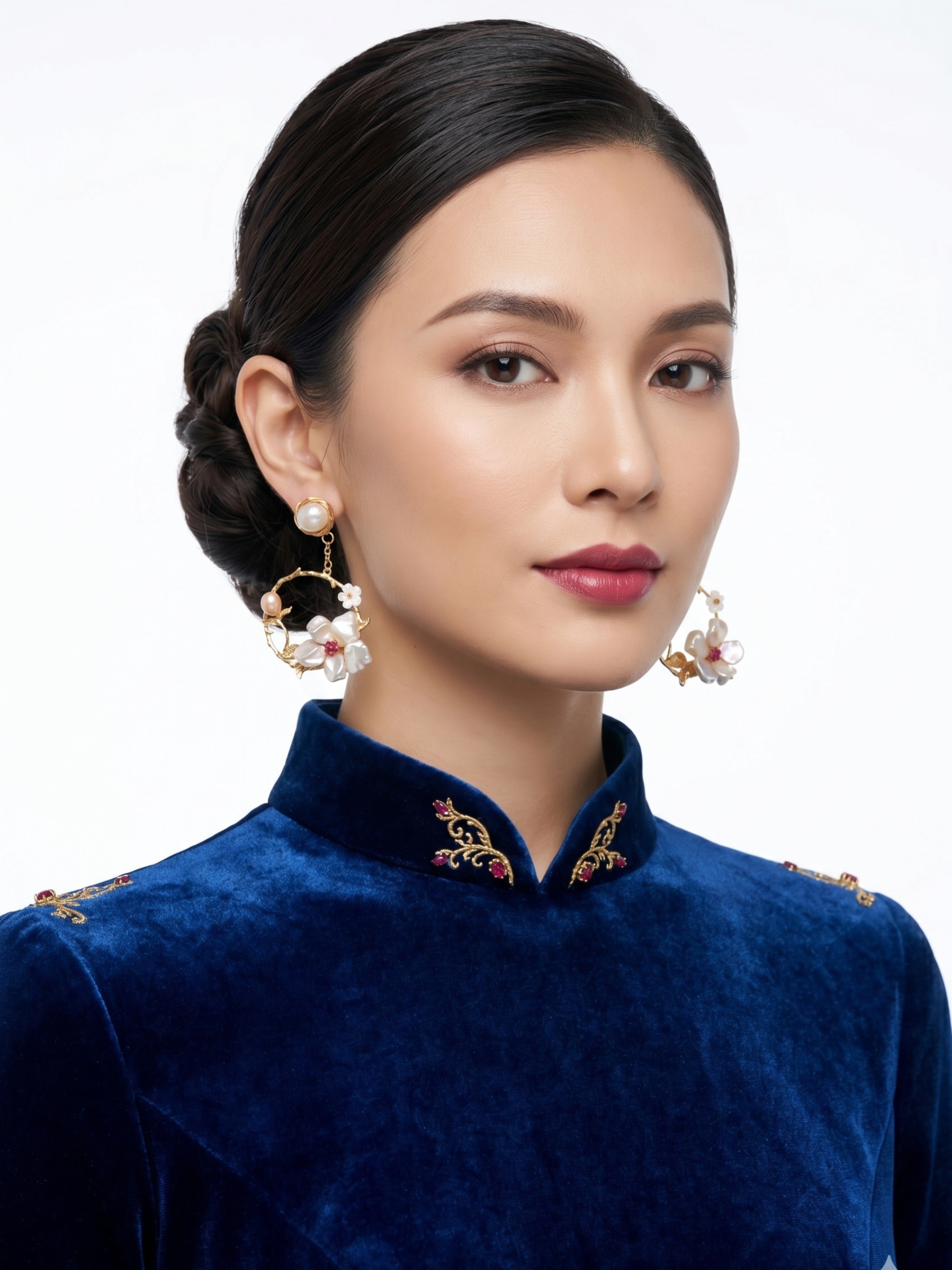 Floral Statement Earrings | Gold Tone | Pearl & Stone Design