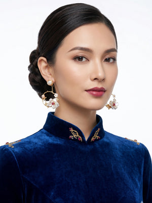 Floral Statement Earrings | Gold Tone | Pearl & Stone Design
