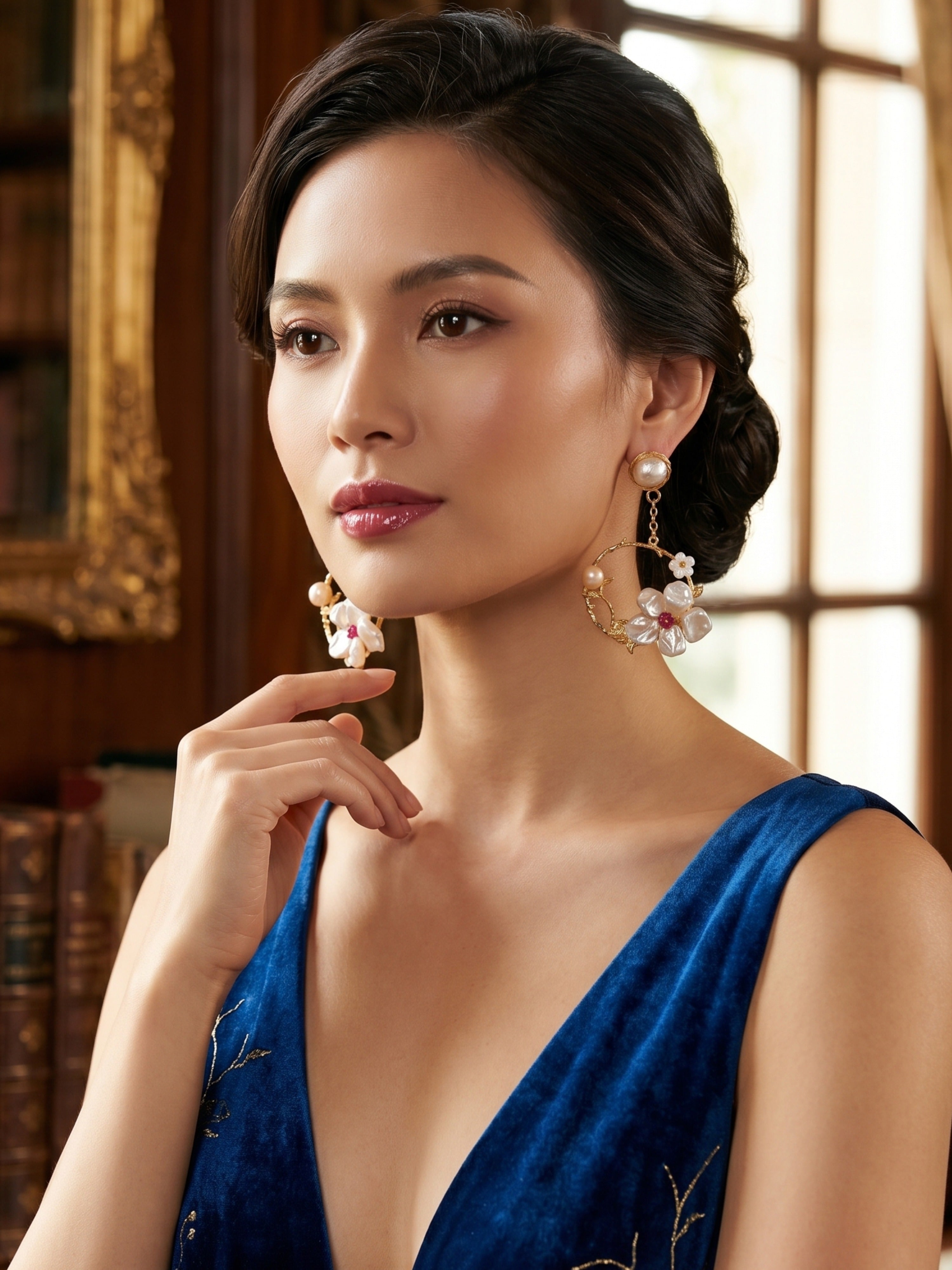 Floral Statement Earrings | Gold Tone | Pearl & Stone Design