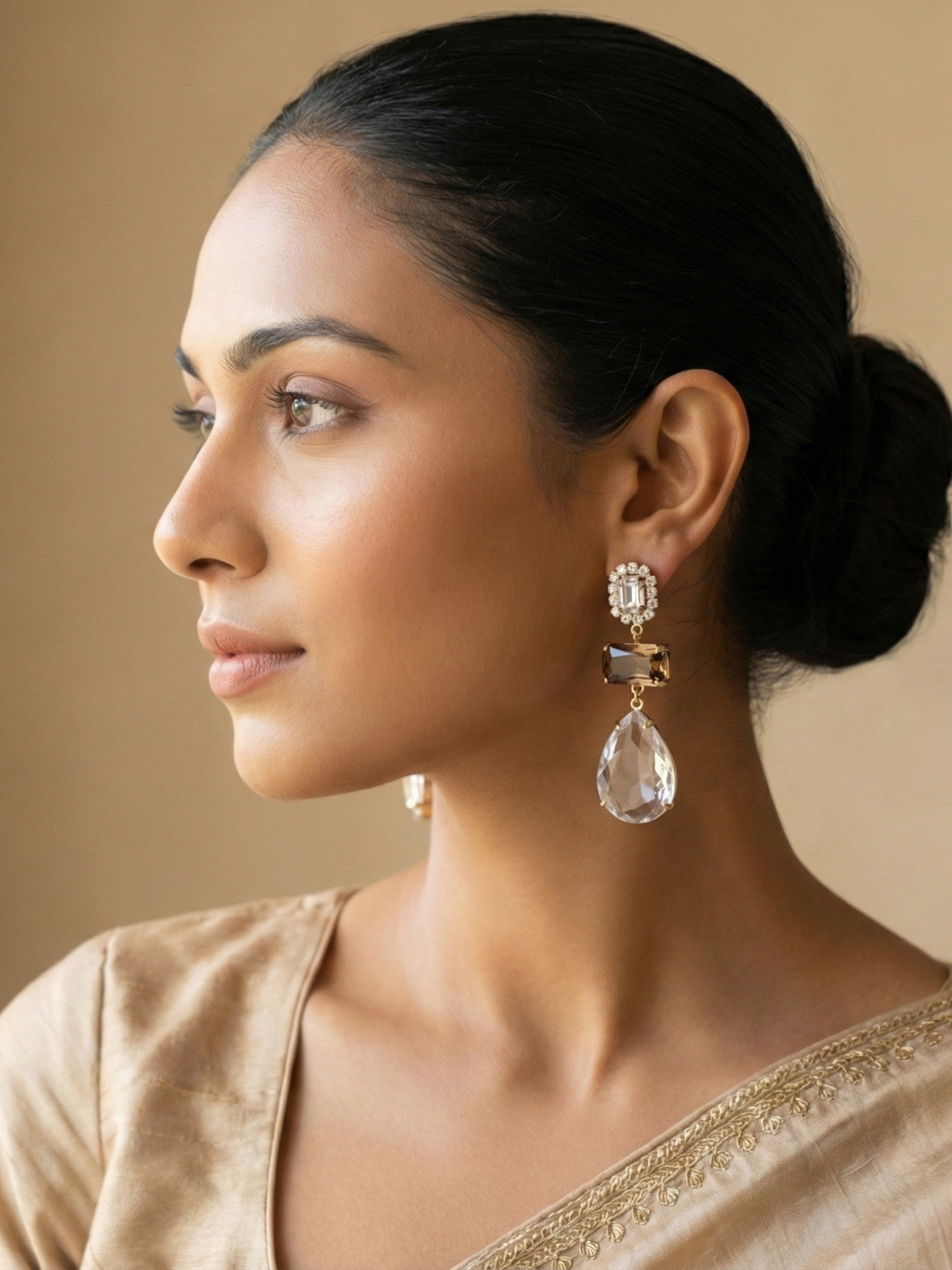 Crystal Drop Earrings | Gold Tone | Statement Party Wear