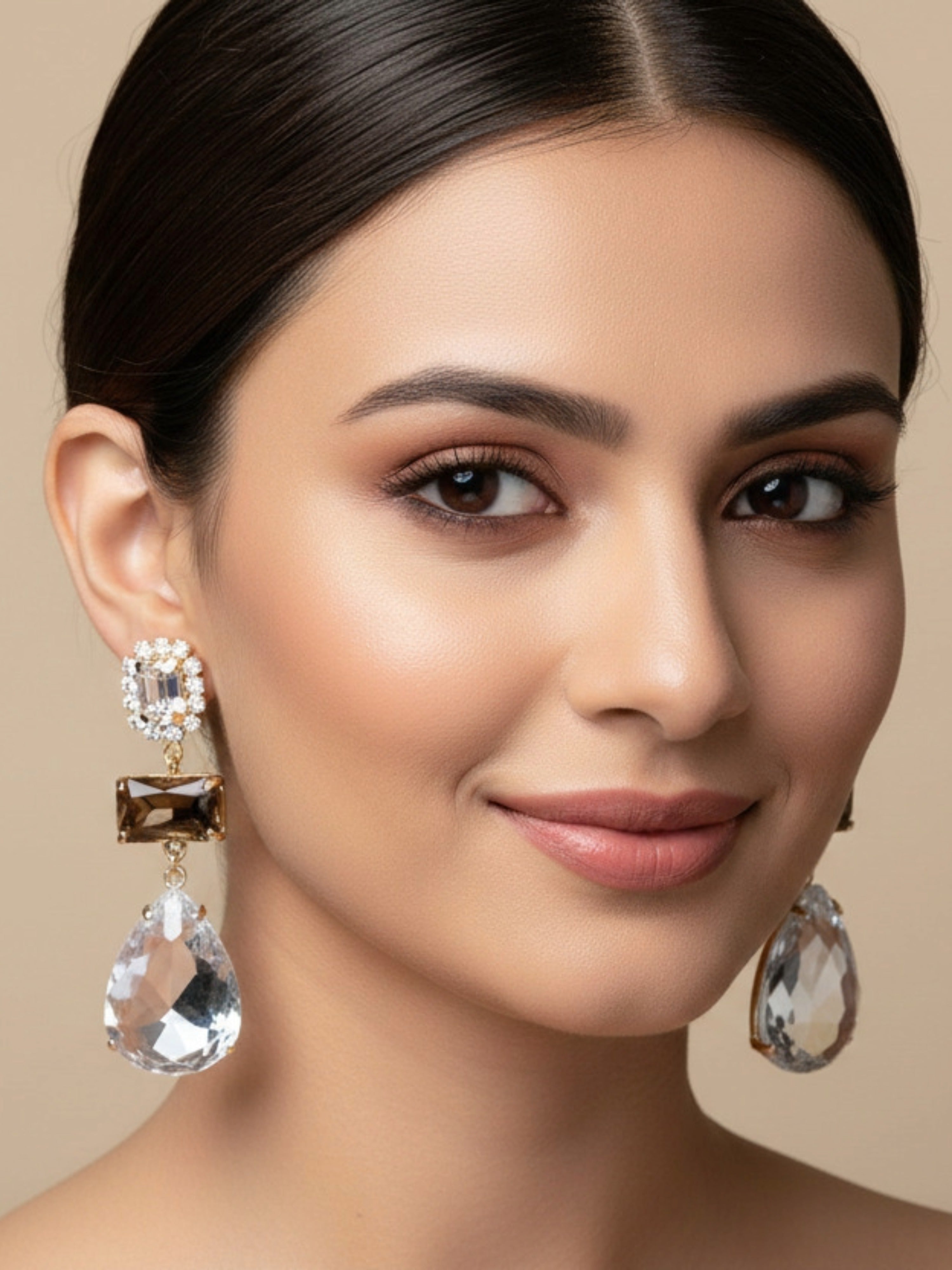 Crystal Drop Earrings | Gold Tone | Statement Party Wear