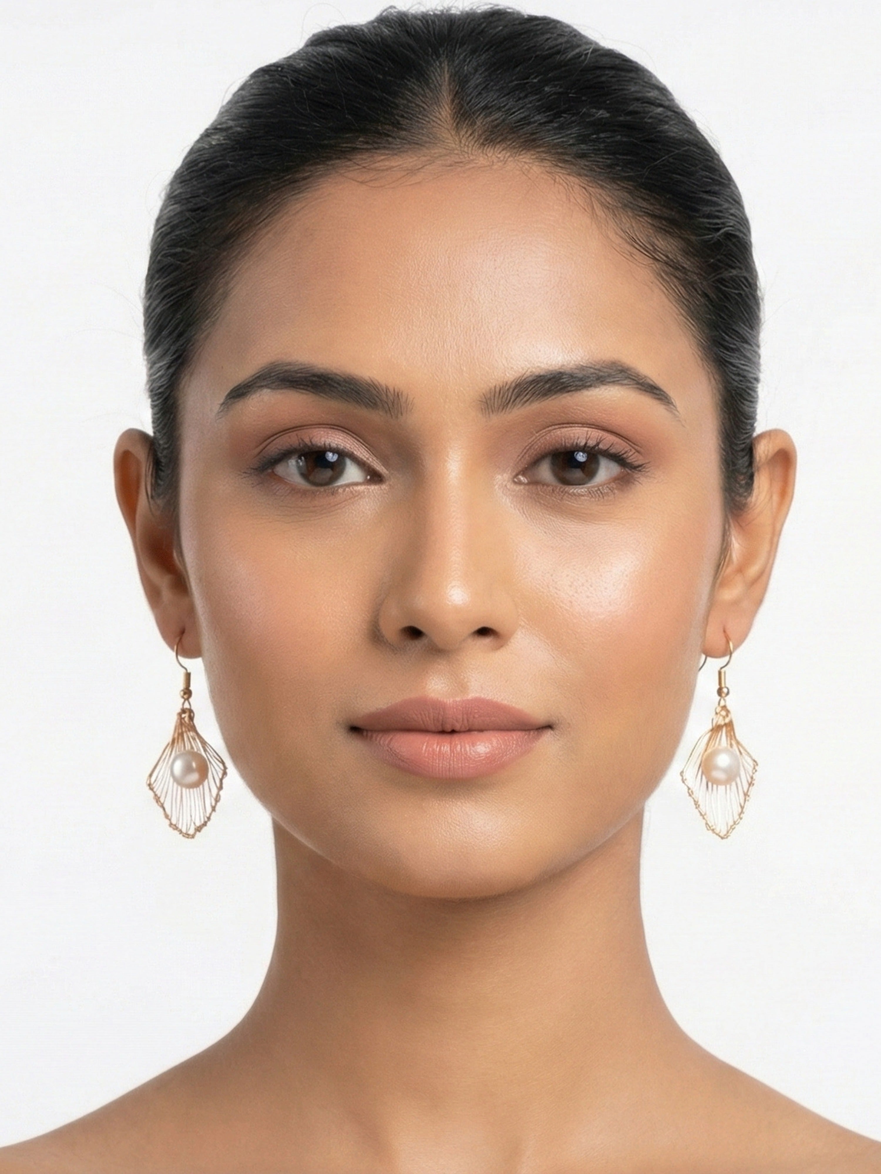 Handcrafted Leaf Pearl Earrings | Gold Tone | Elegant Drop Design