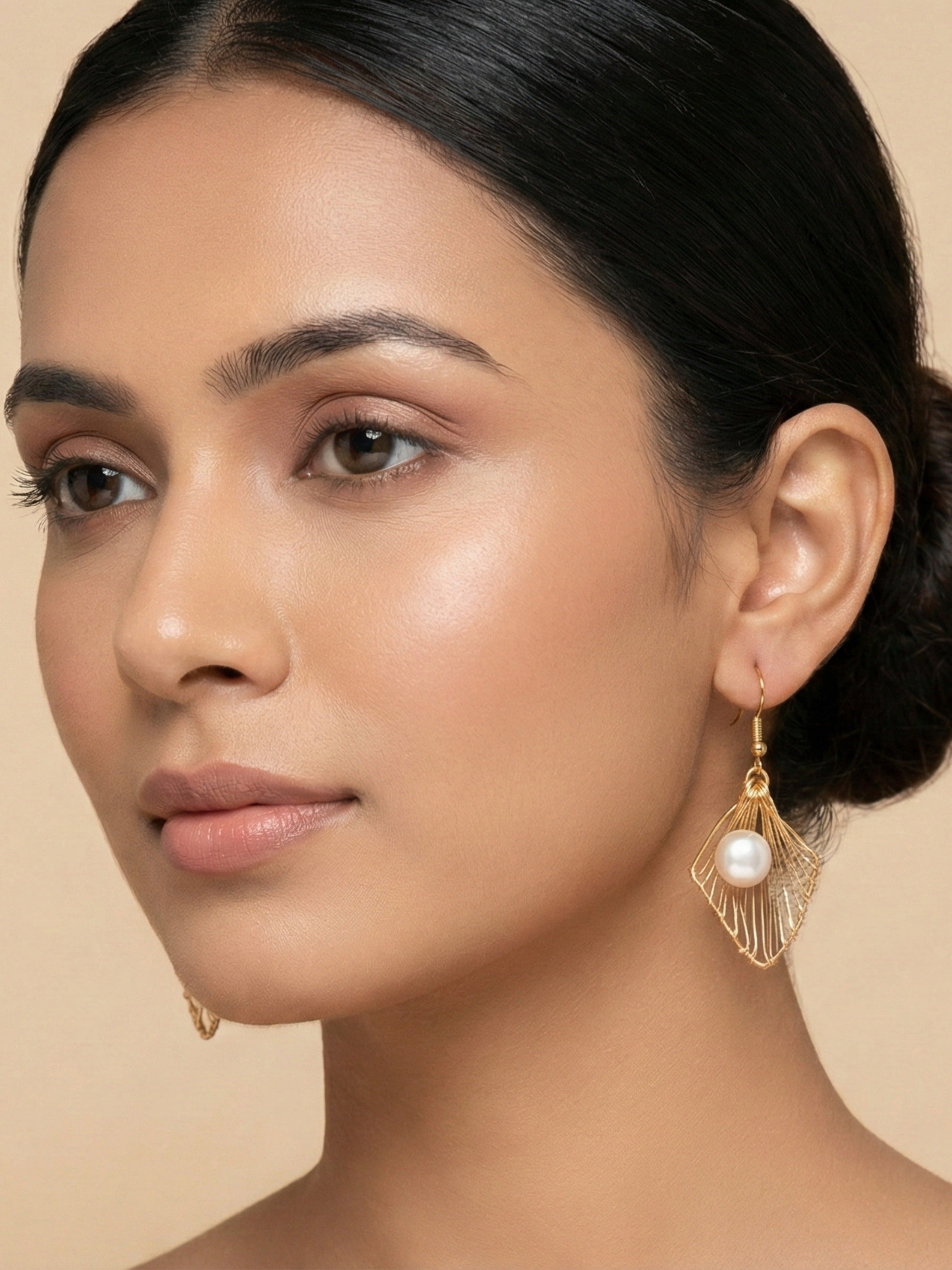 Handcrafted Leaf Pearl Earrings | Gold Tone | Elegant Drop Design