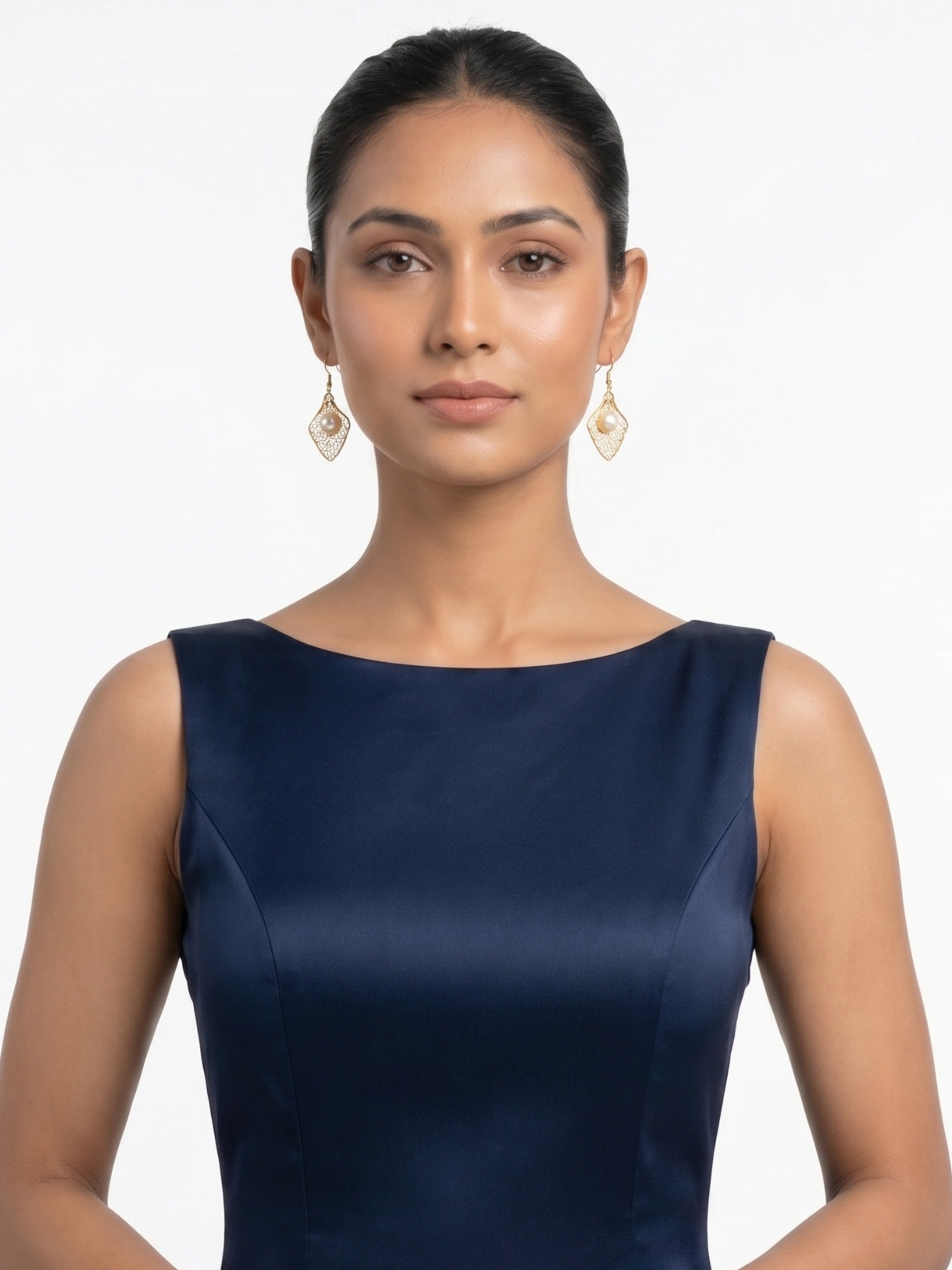 Handcrafted Leaf Pearl Earrings | Gold Tone | Elegant Drop Design