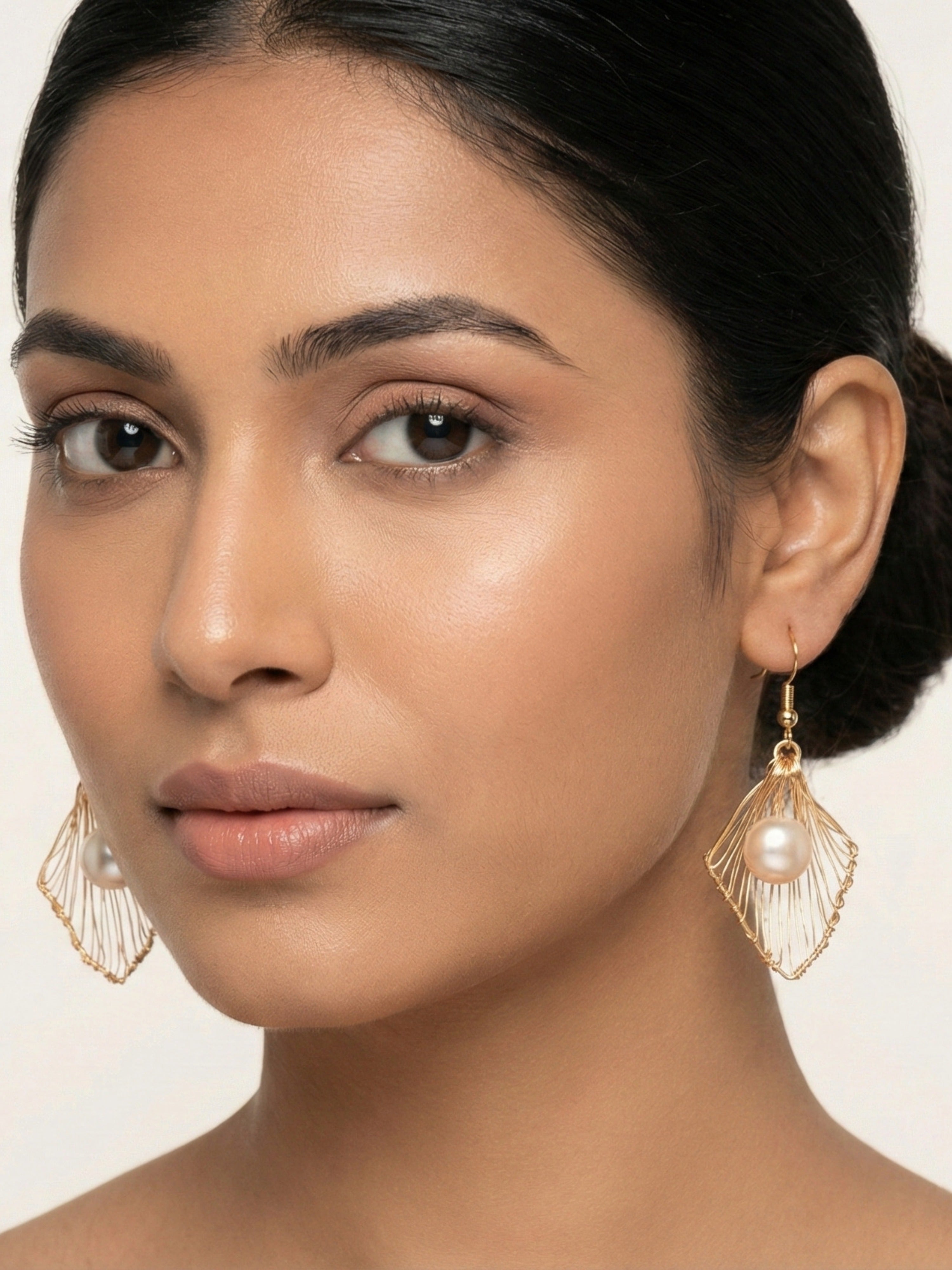 Handcrafted Leaf Pearl Earrings | Gold Tone | Elegant Drop Design