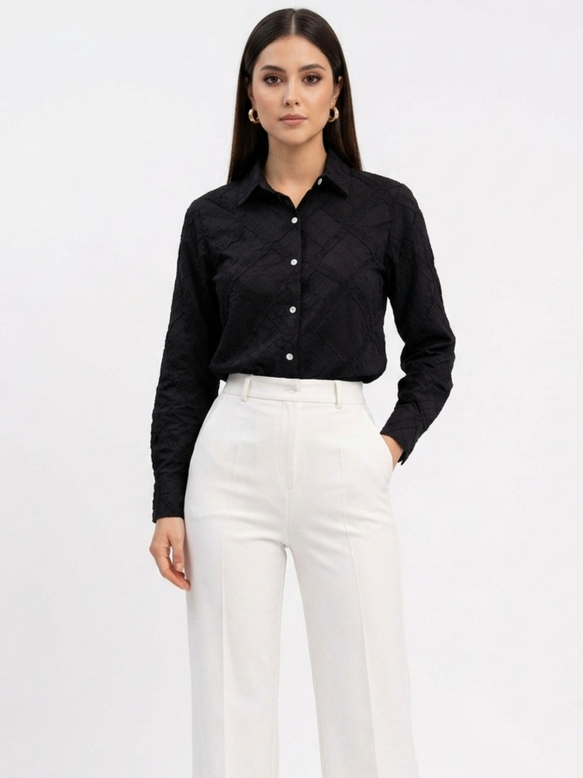 Textured Cotton shirt for women | Modern Monochrome Statement Silhouette