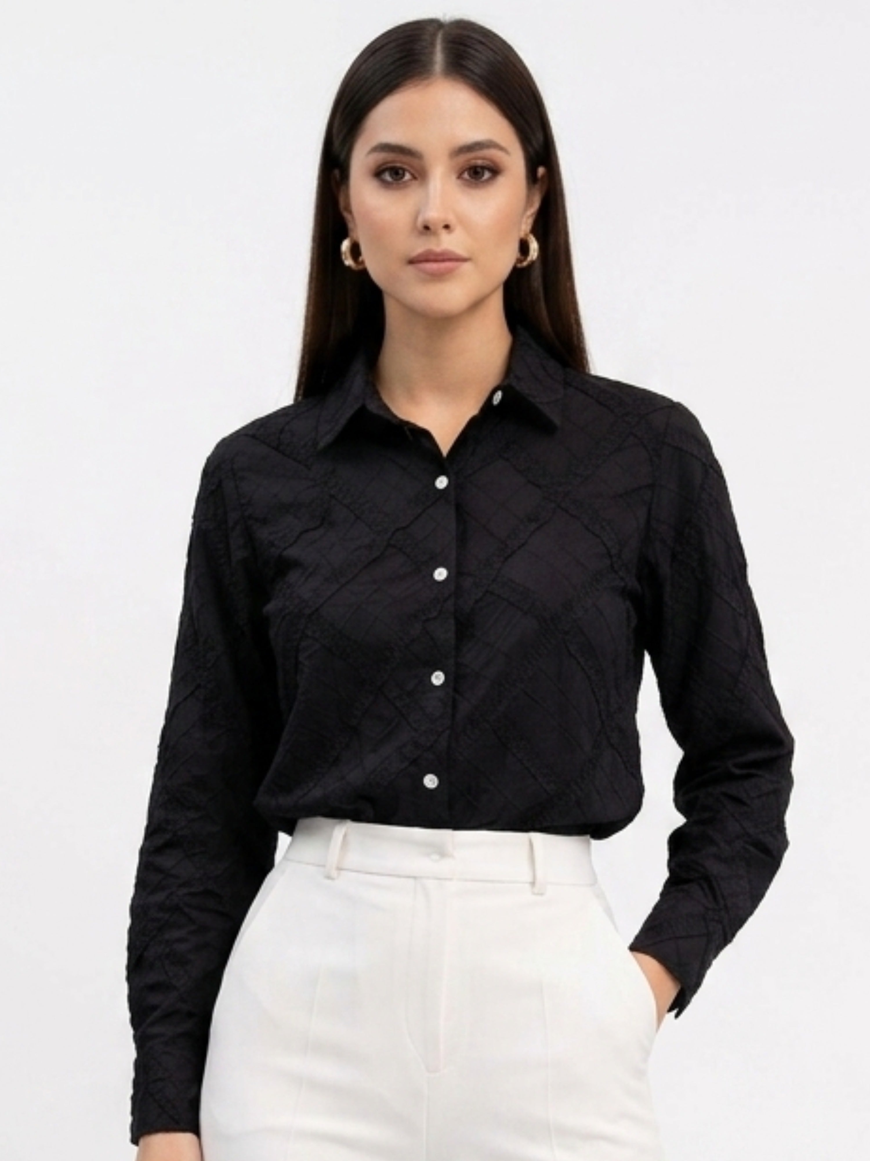Textured Cotton shirt for women | Modern Monochrome Statement Silhouette