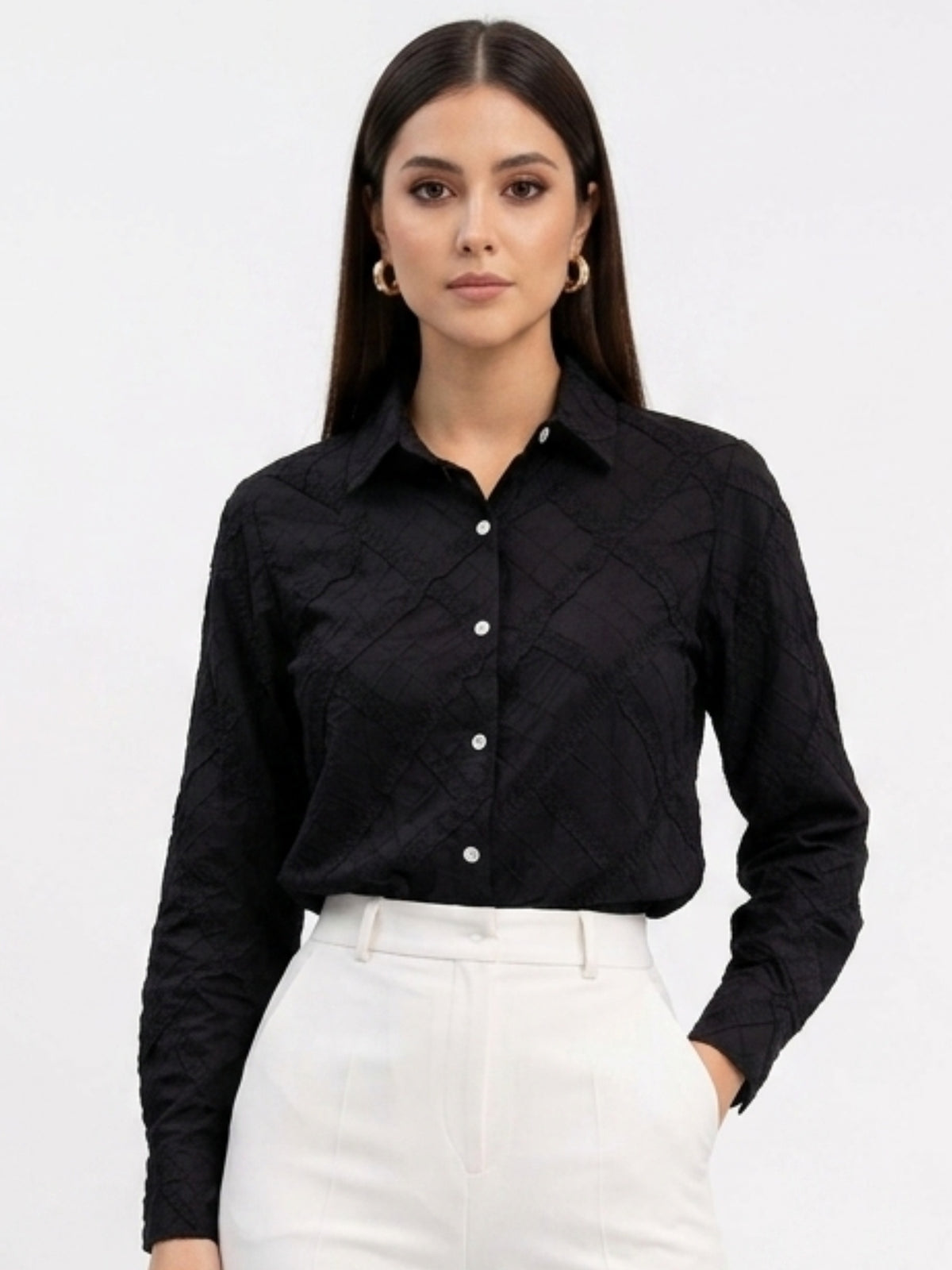 Textured Cotton shirt for women | Modern Monochrome Statement Silhouette