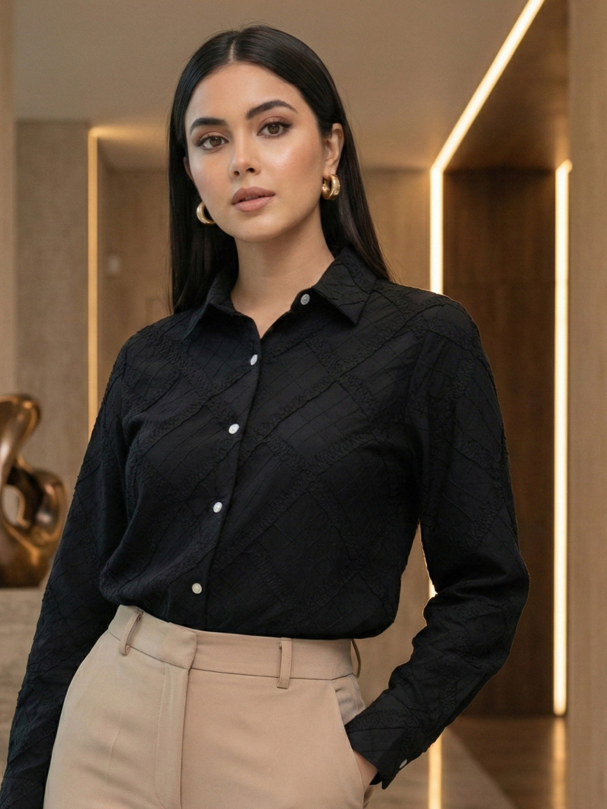 Textured Cotton shirt for women | Modern Monochrome Statement Silhouette