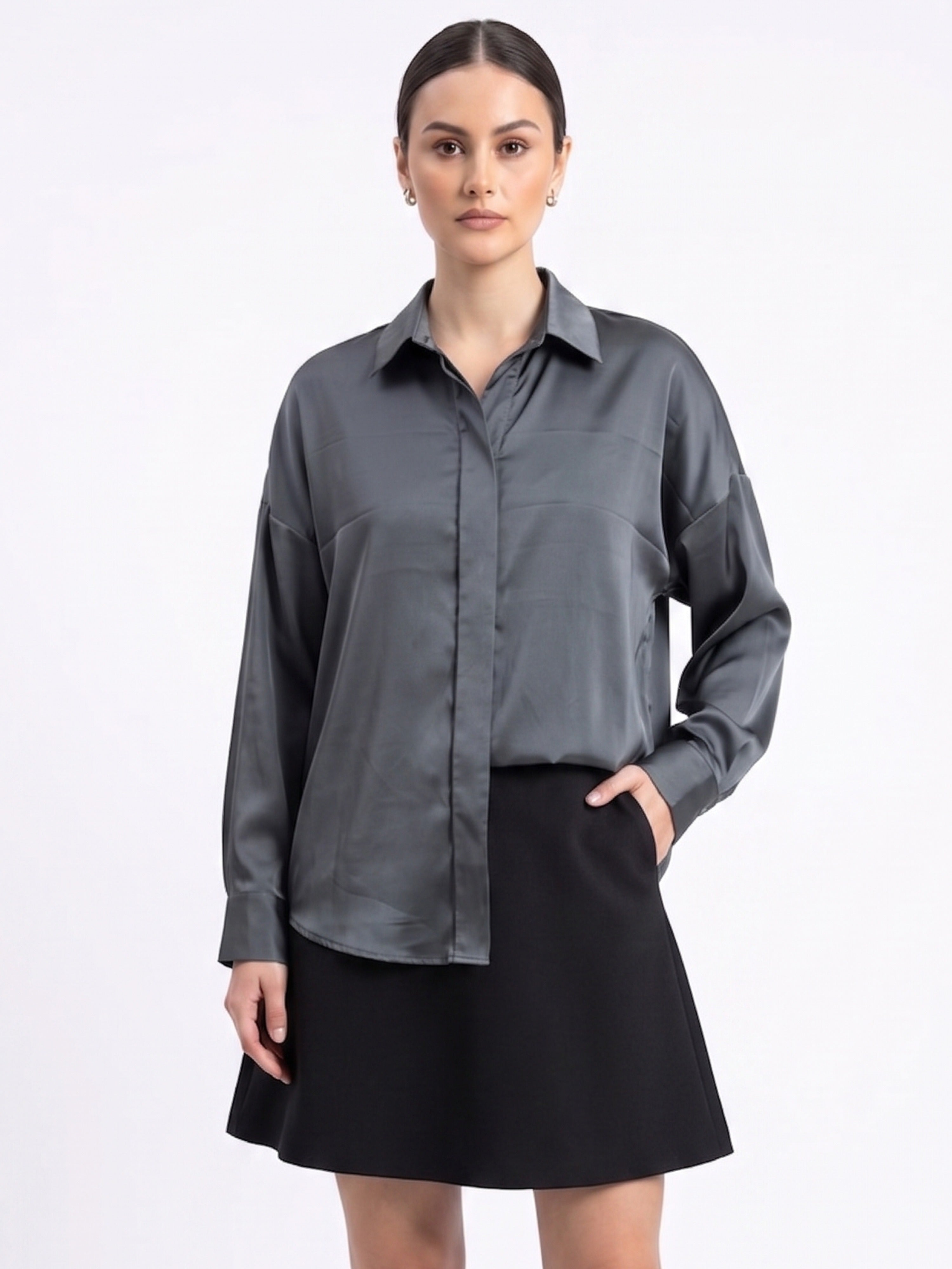 Women Steel Grey Satin Shirt | Luxe Minimal Everyday Elegance