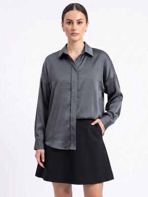 Women Steel Grey Satin Shirt | Luxe Minimal Everyday Elegance