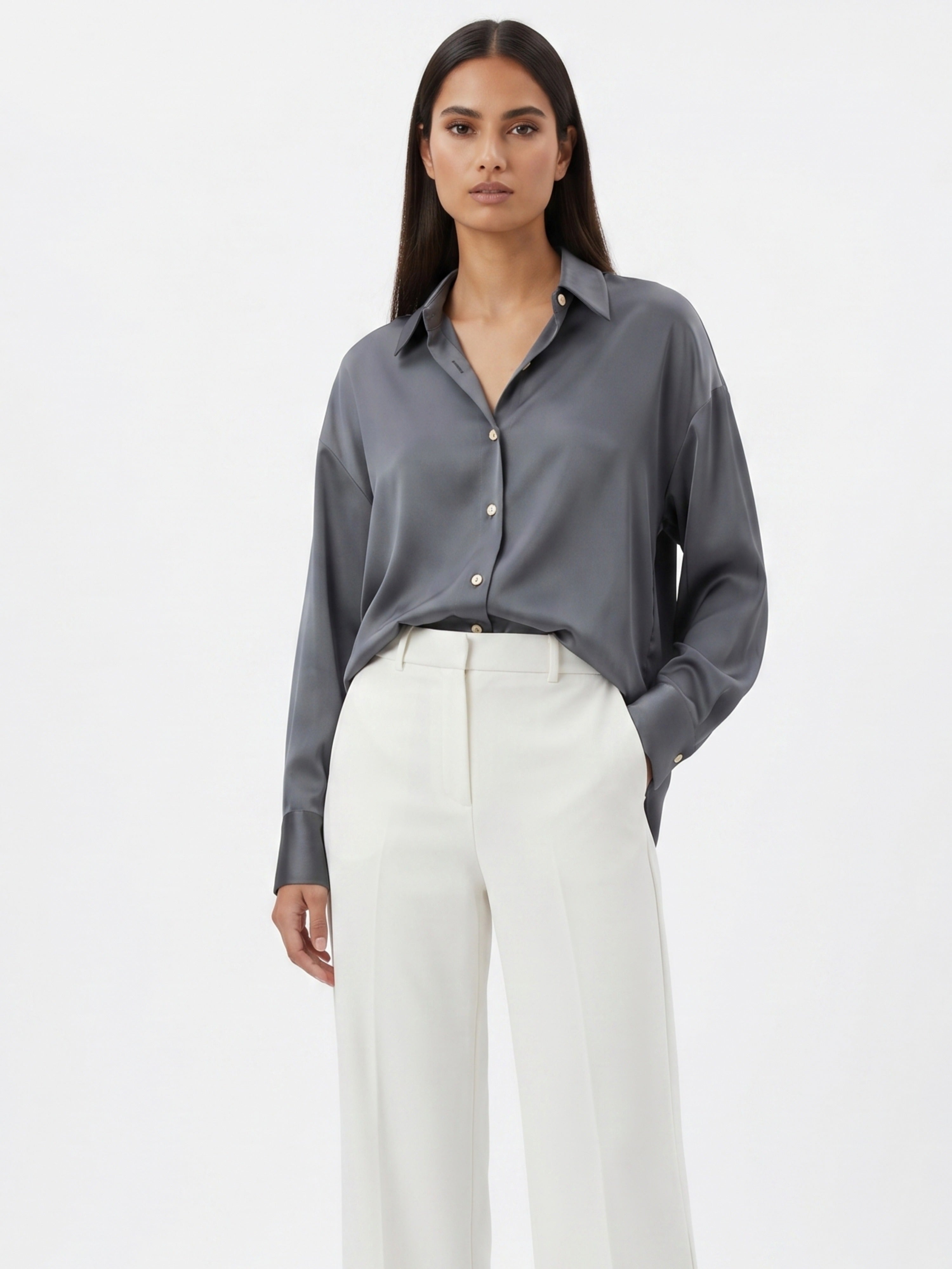 Women Steel Grey Satin Shirt | Luxe Minimal Everyday Elegance