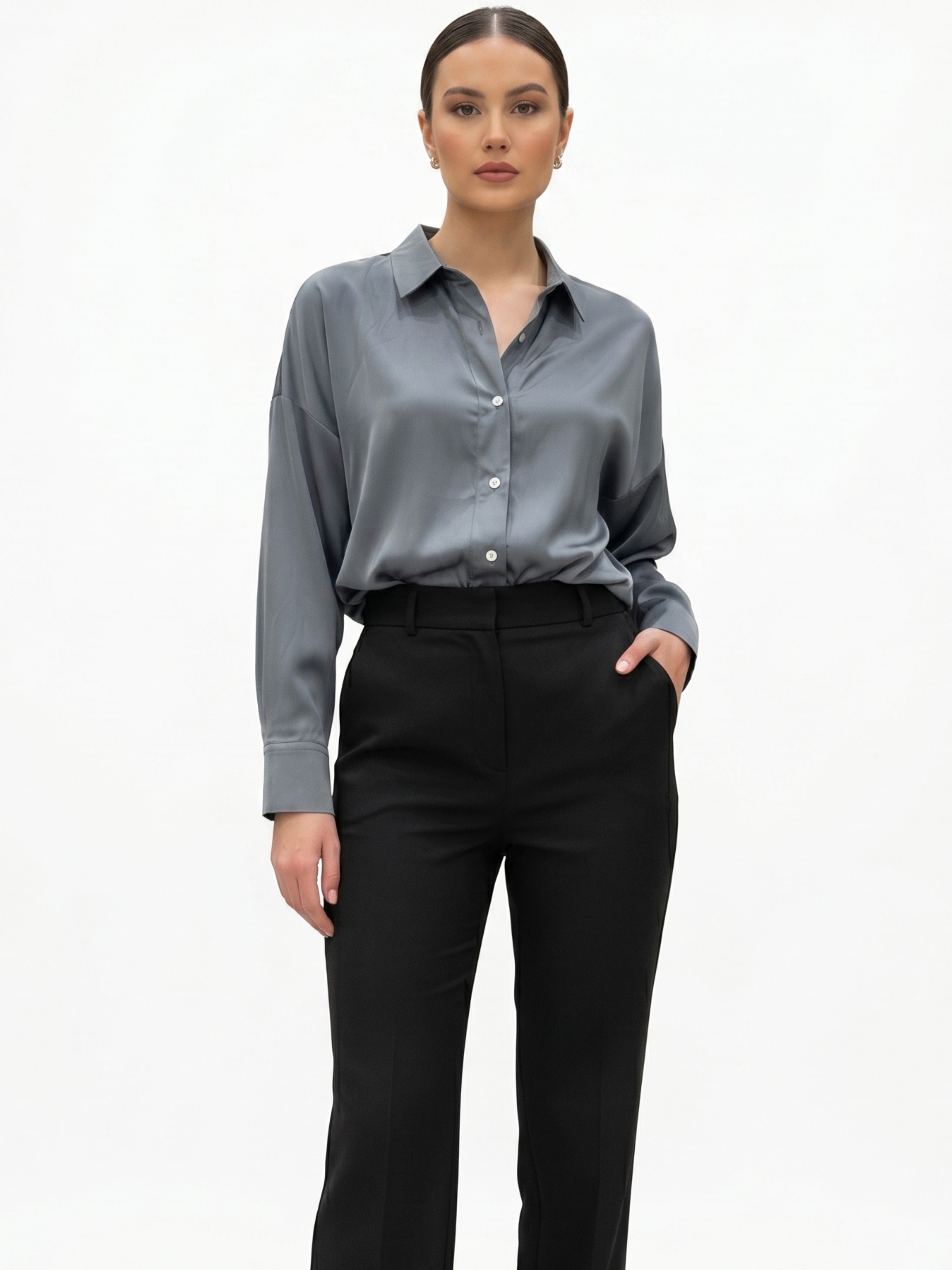 Women Steel Grey Satin Shirt | Luxe Minimal Everyday Elegance