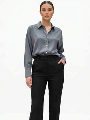 Women Steel Grey Satin Shirt | Luxe Minimal Everyday Elegance