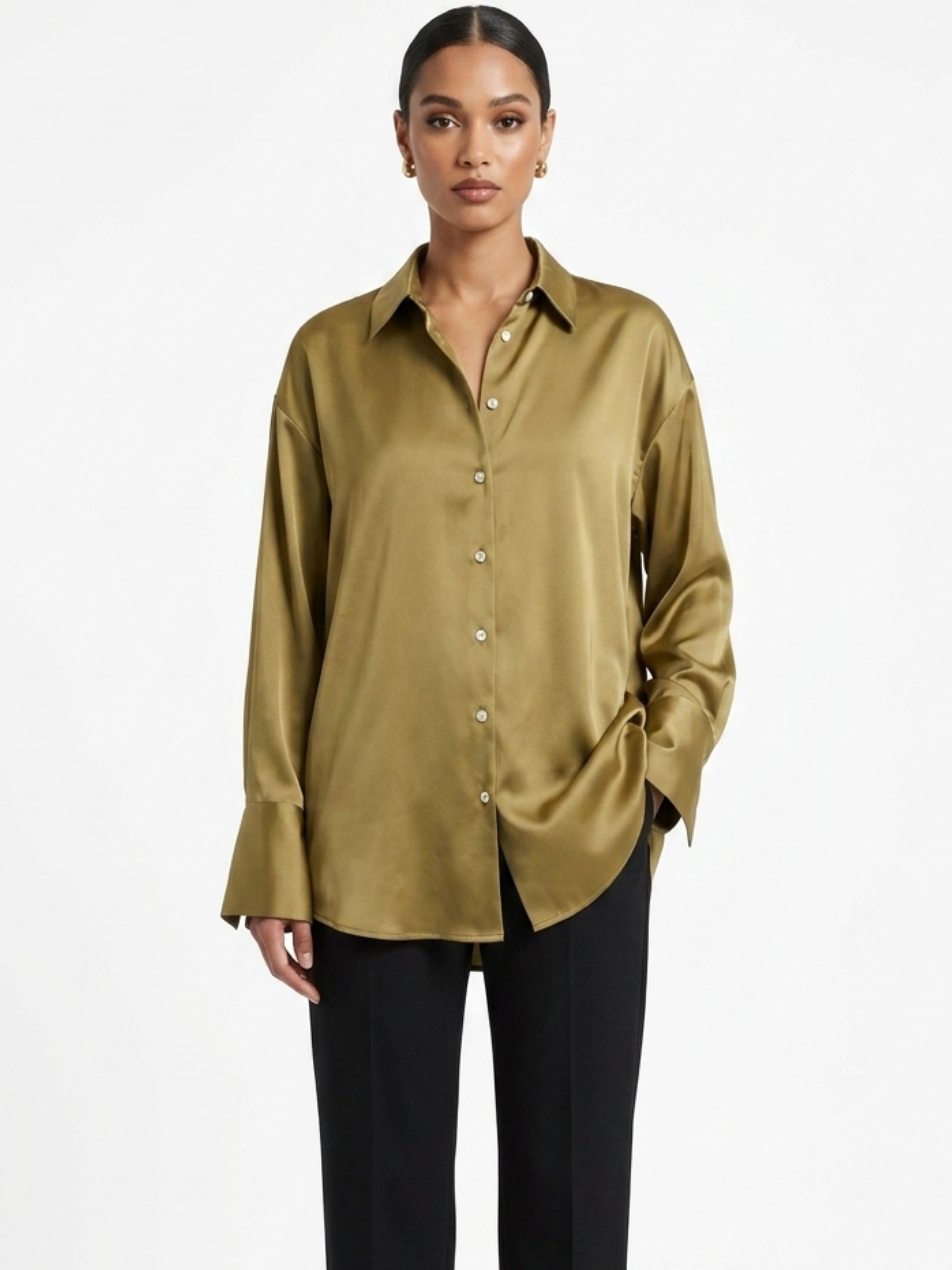 Women Olive Green Satin Shirt | Understated Luxe Everyday Elegance