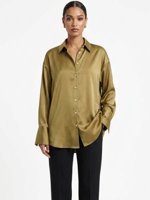 Women Olive Green Satin Shirt | Understated Luxe Everyday Elegance
