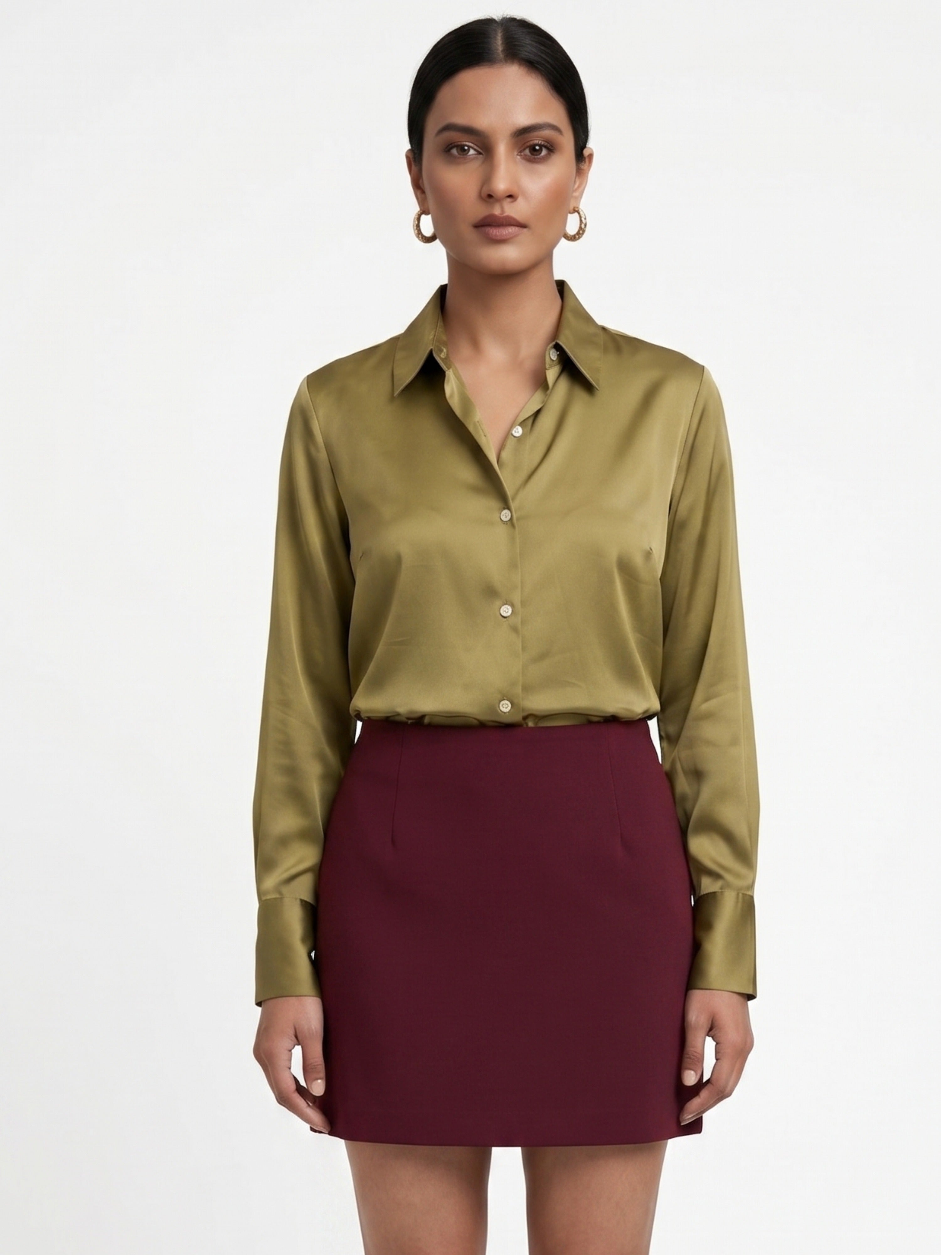 Women Olive Green Satin Shirt | Understated Luxe Everyday Elegance
