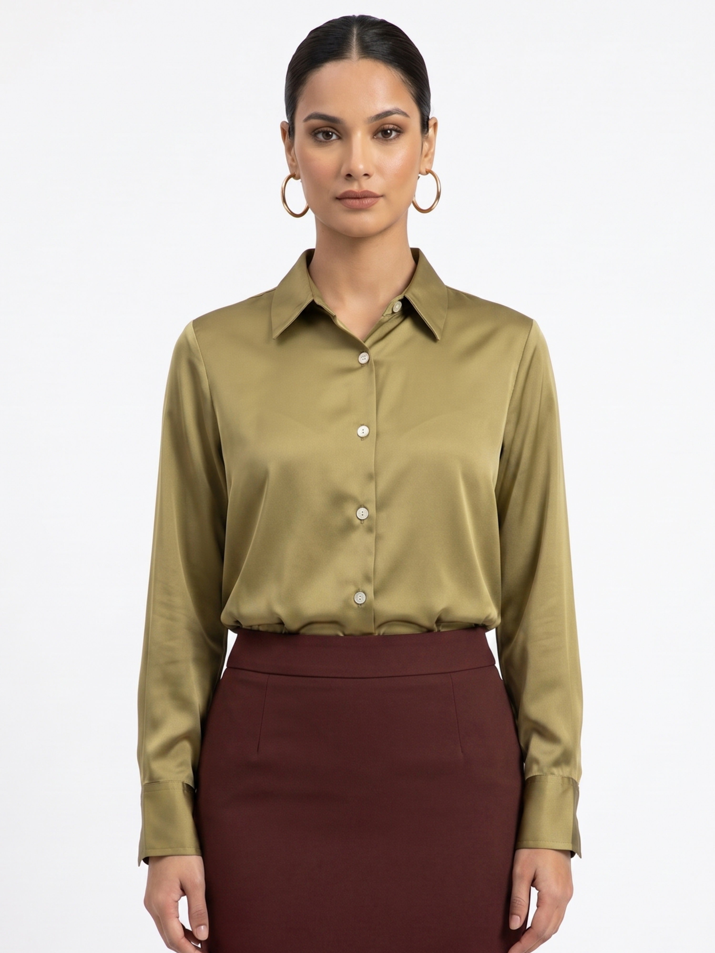 Women Olive Green Satin Shirt | Understated Luxe Everyday Elegance