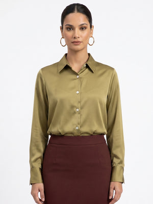 Women Olive Green Satin Shirt | Understated Luxe Everyday Elegance