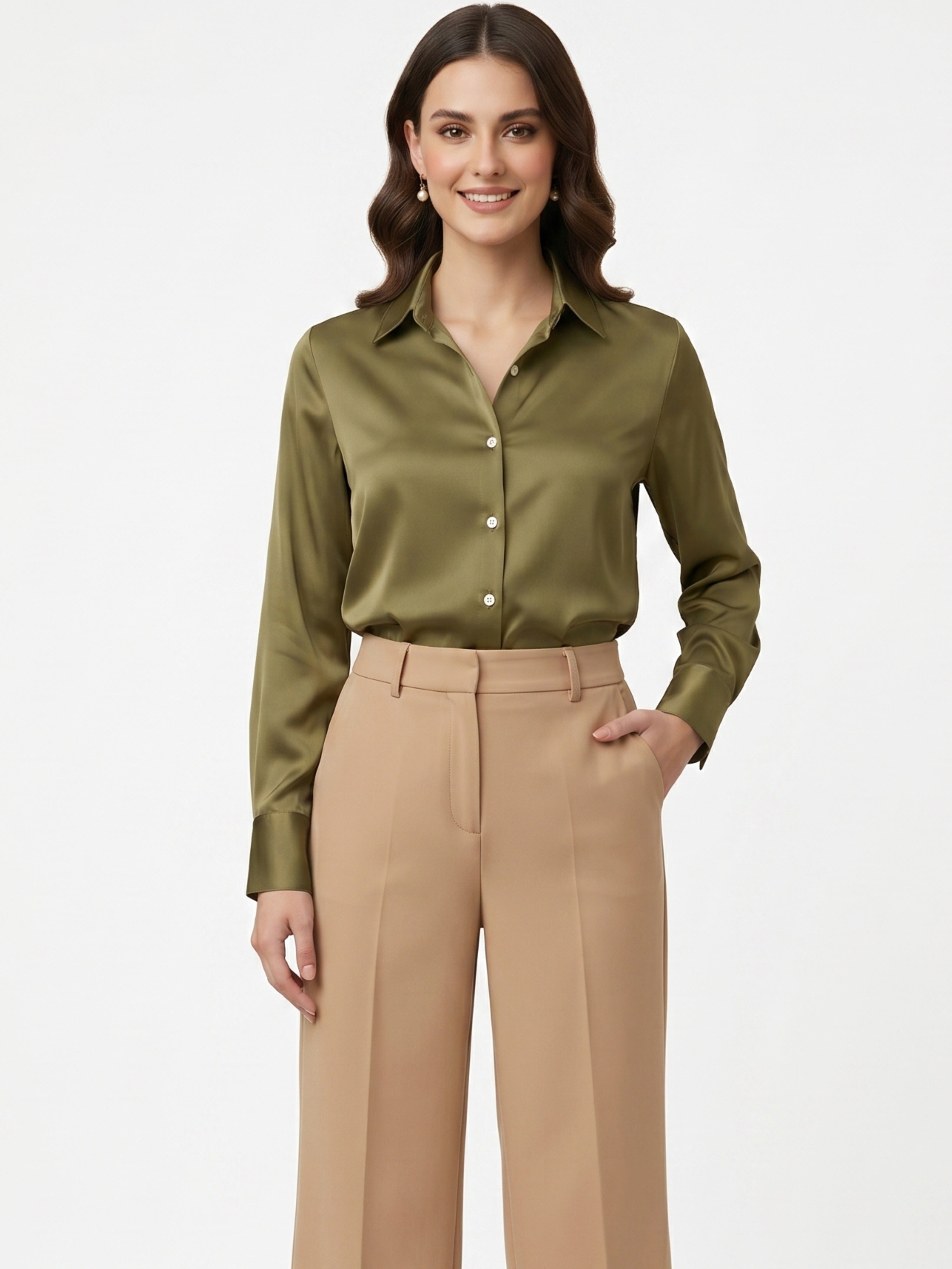 Women Olive Green Satin Shirt | Understated Luxe Everyday Elegance