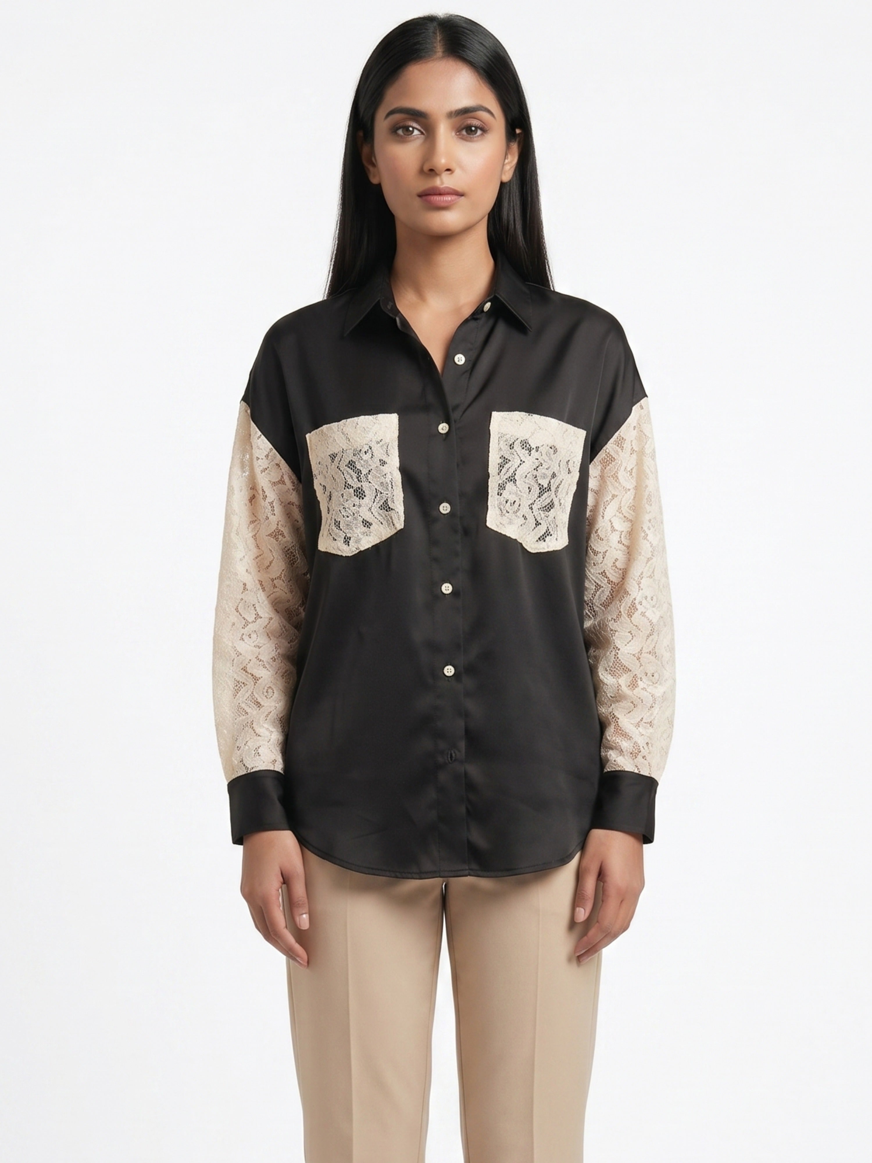 Women Black Satin Shirt | Luxe Lace Detail with Modern Elegance