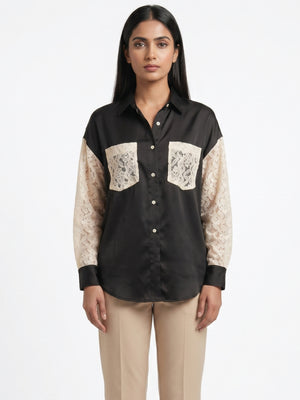 Women Black Satin Shirt | Luxe Lace Detail with Modern Elegance