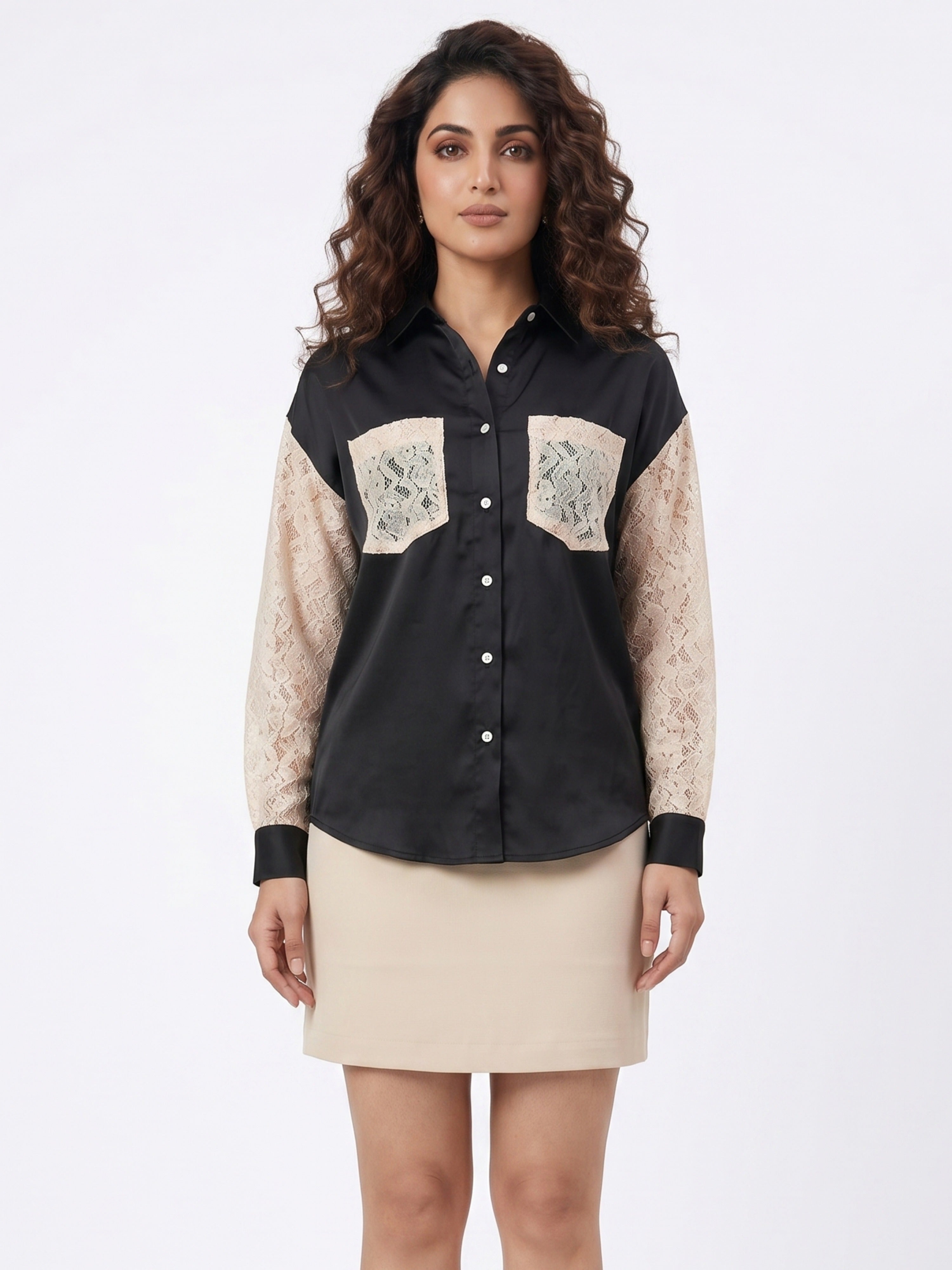 Women Black Satin Shirt | Luxe Lace Detail with Modern Elegance