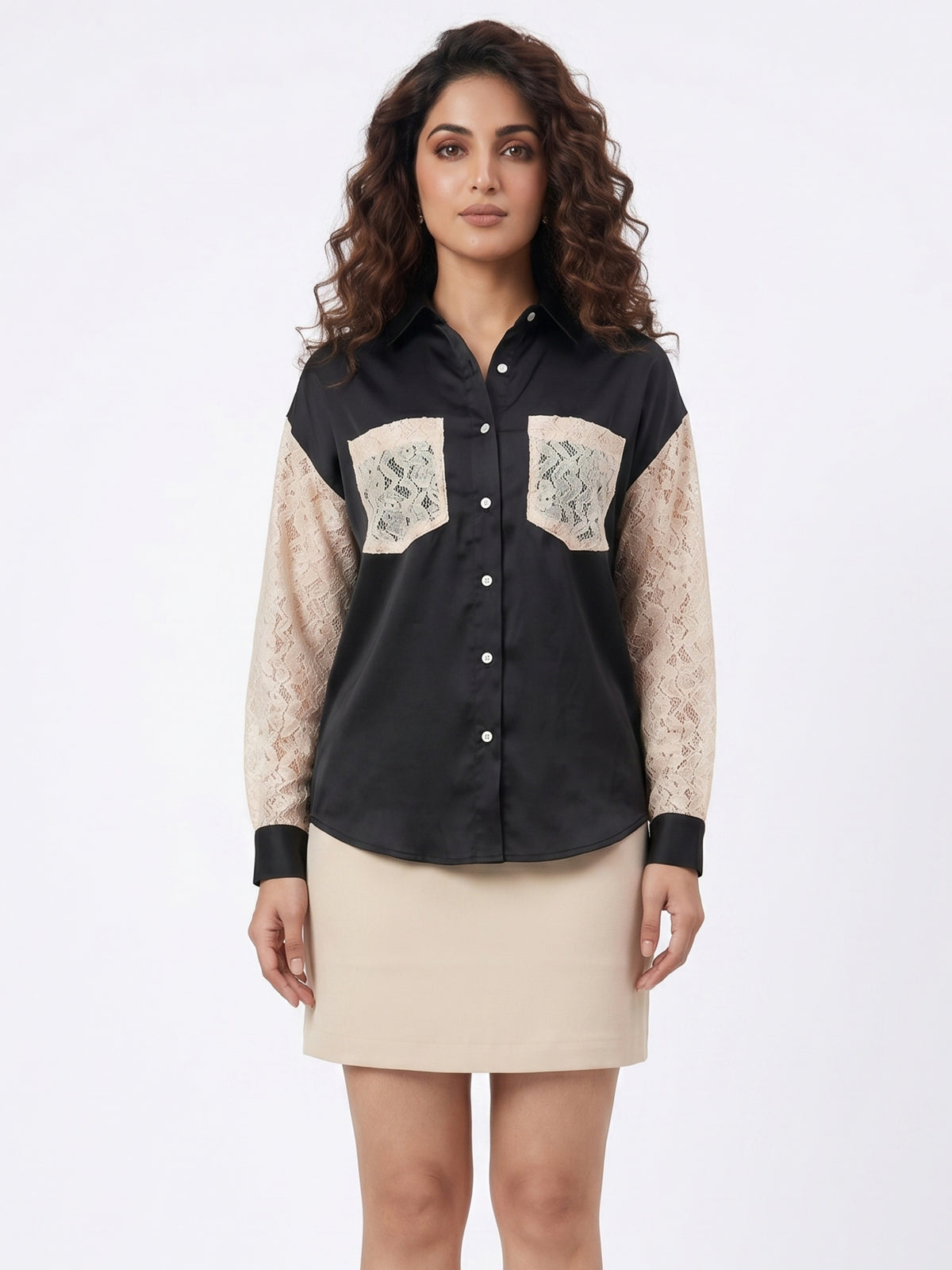 Women Black Satin Shirt | Luxe Lace Detail with Modern Elegance